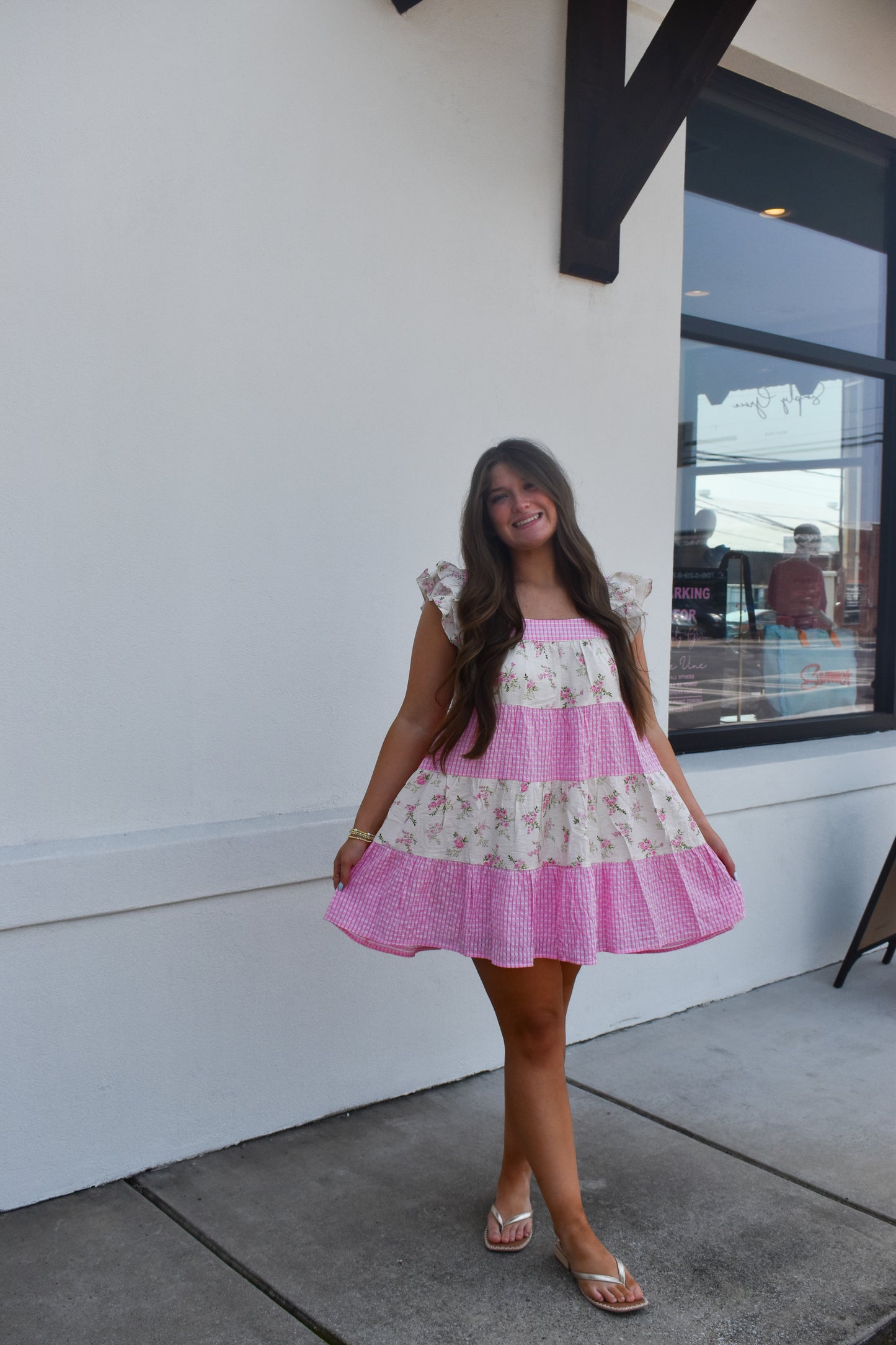 Mini Dress W/ Mixed Floral Print and Pink Gingham