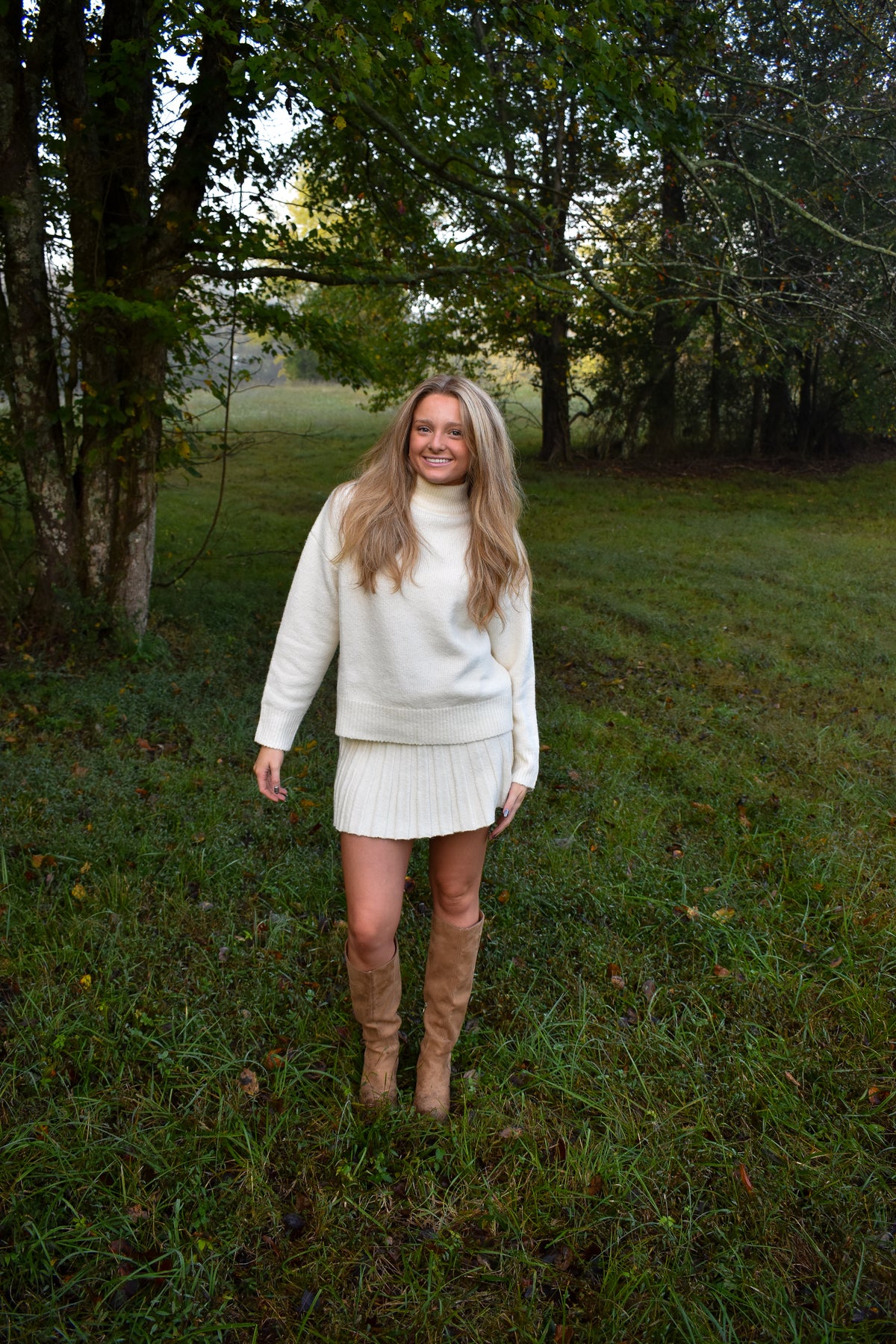 Turtleneck Pullover Sweater & Pleated Skirt Set