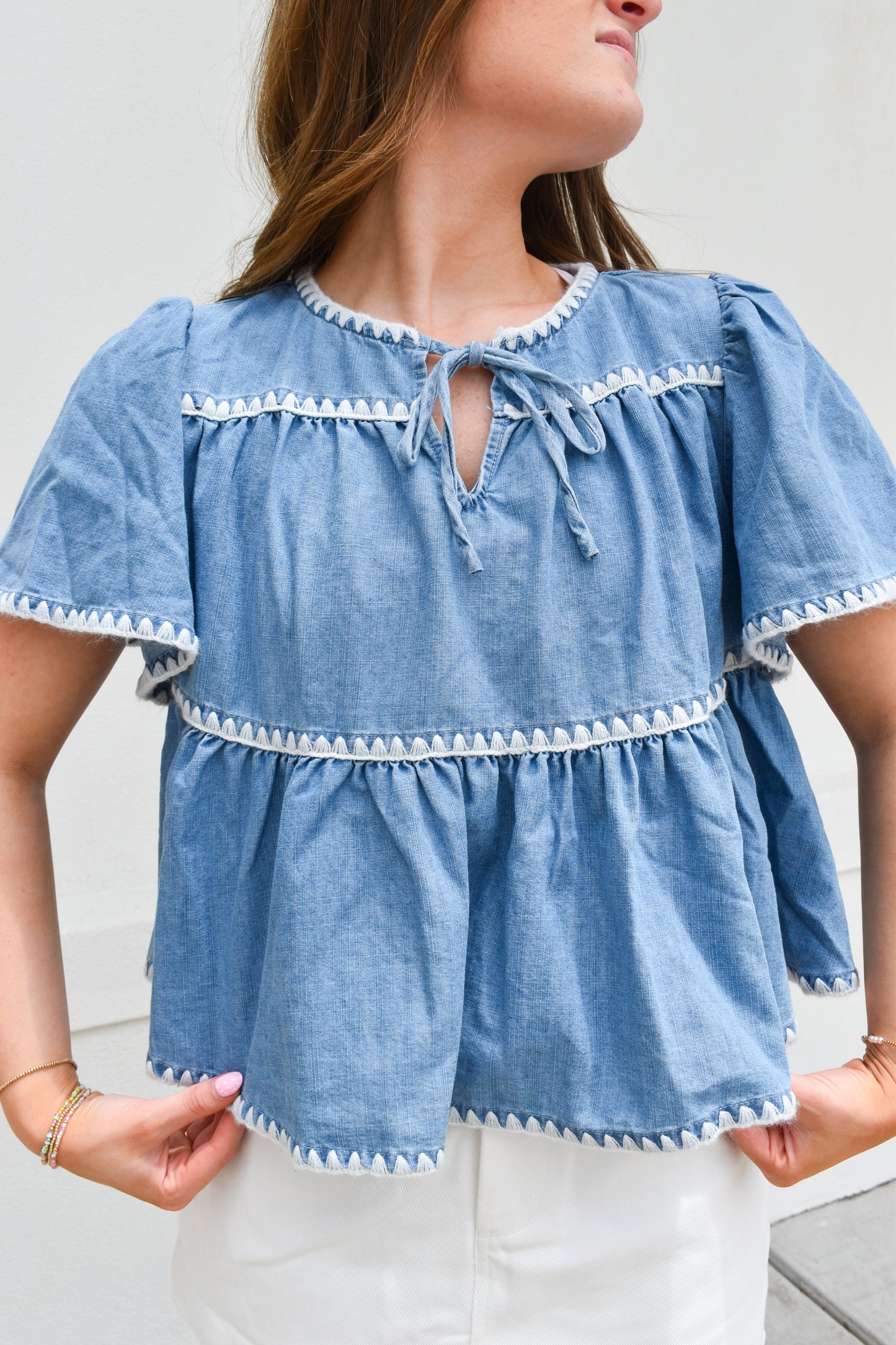 Blanket Stitch Denim Tiered Top