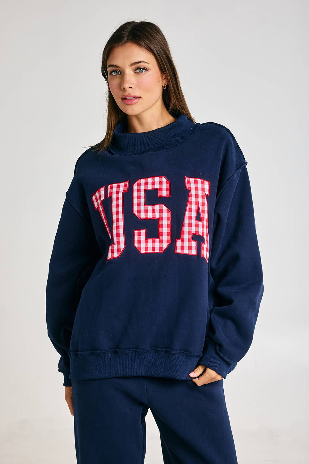Gingham Embroidery "USA" Mock Neck Sweatshirt