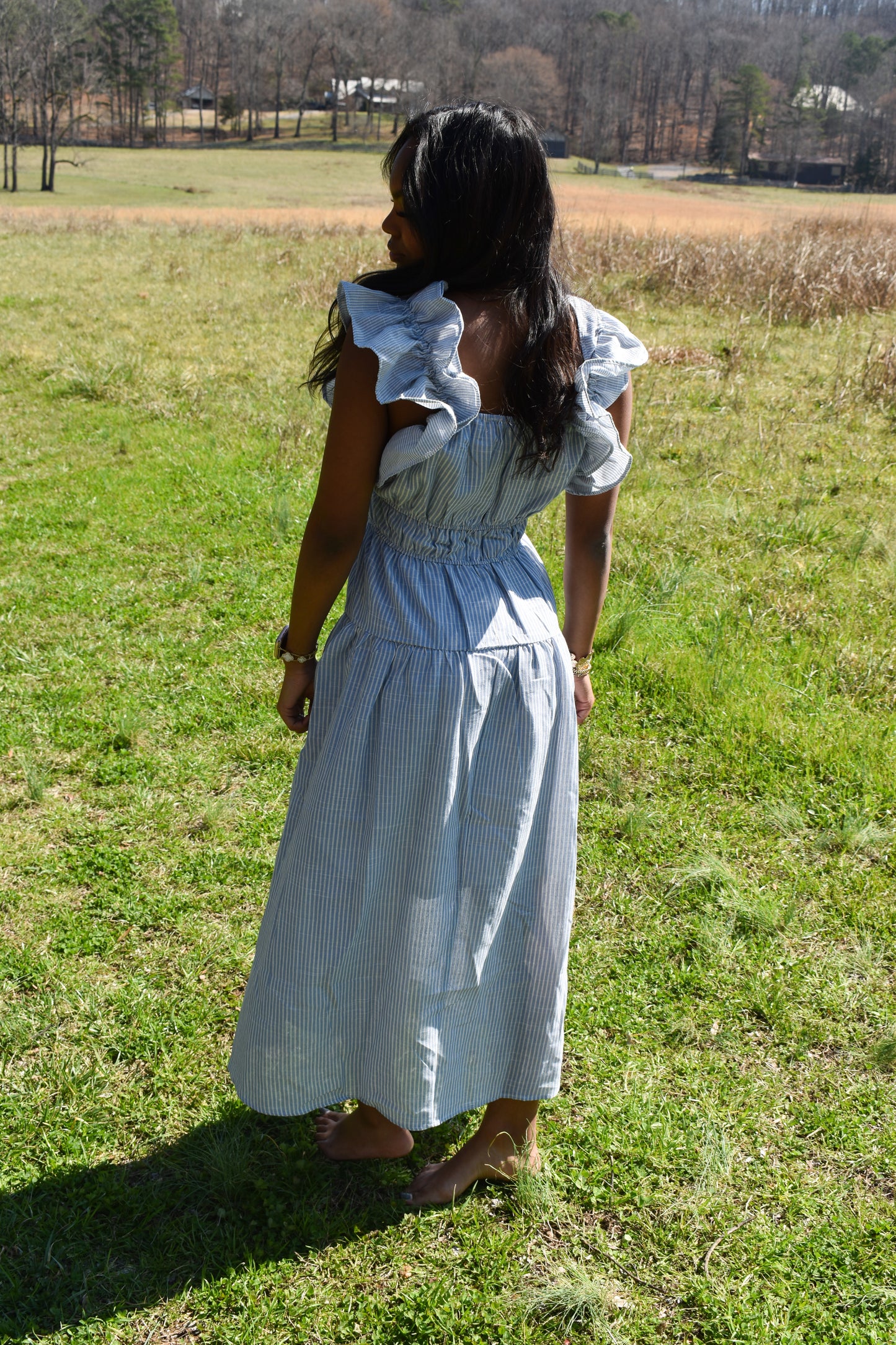 Shoulder Ruffle Stripe Midi Dress