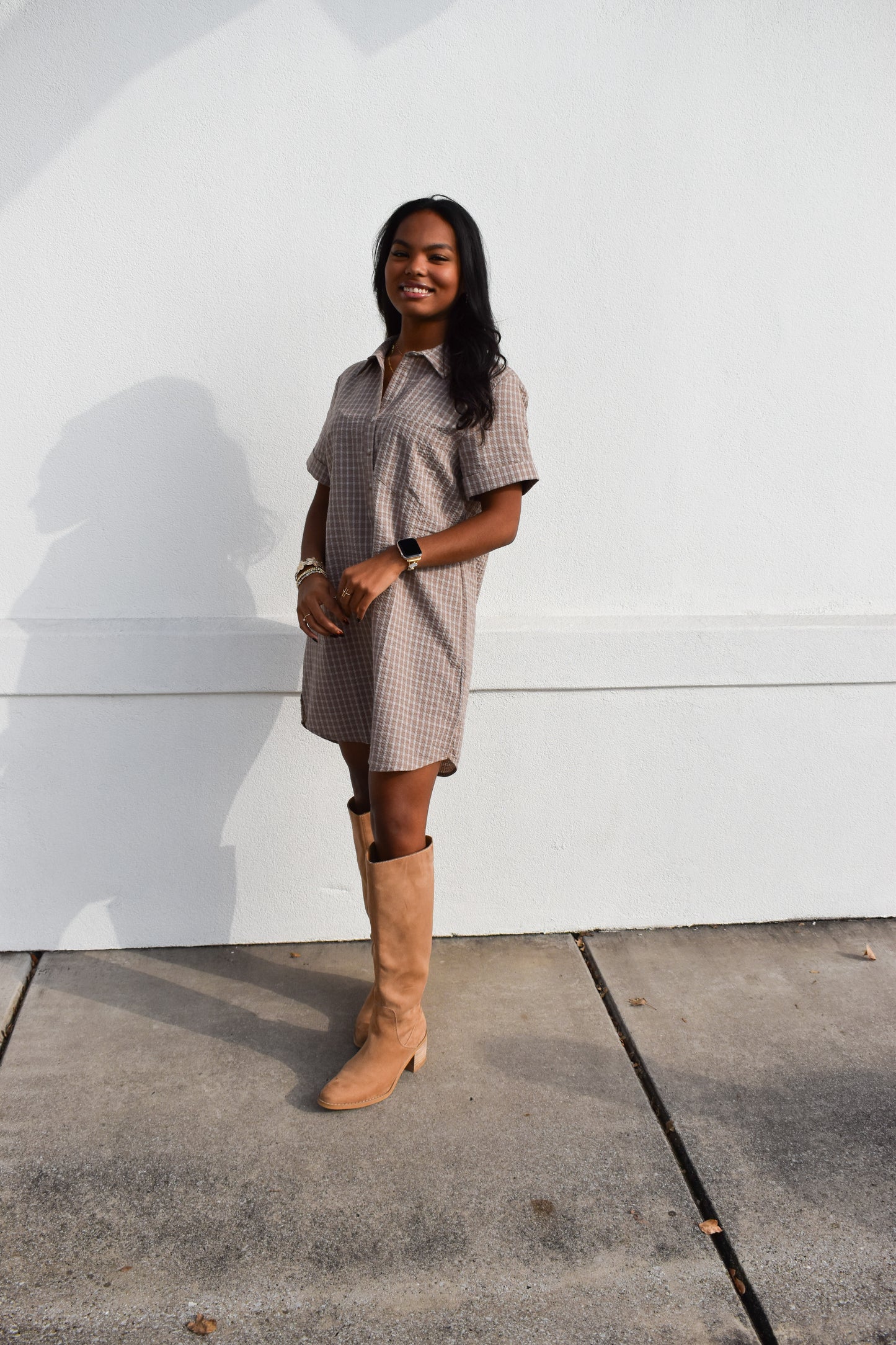 Checkered Shirt Dress W/ Pocket