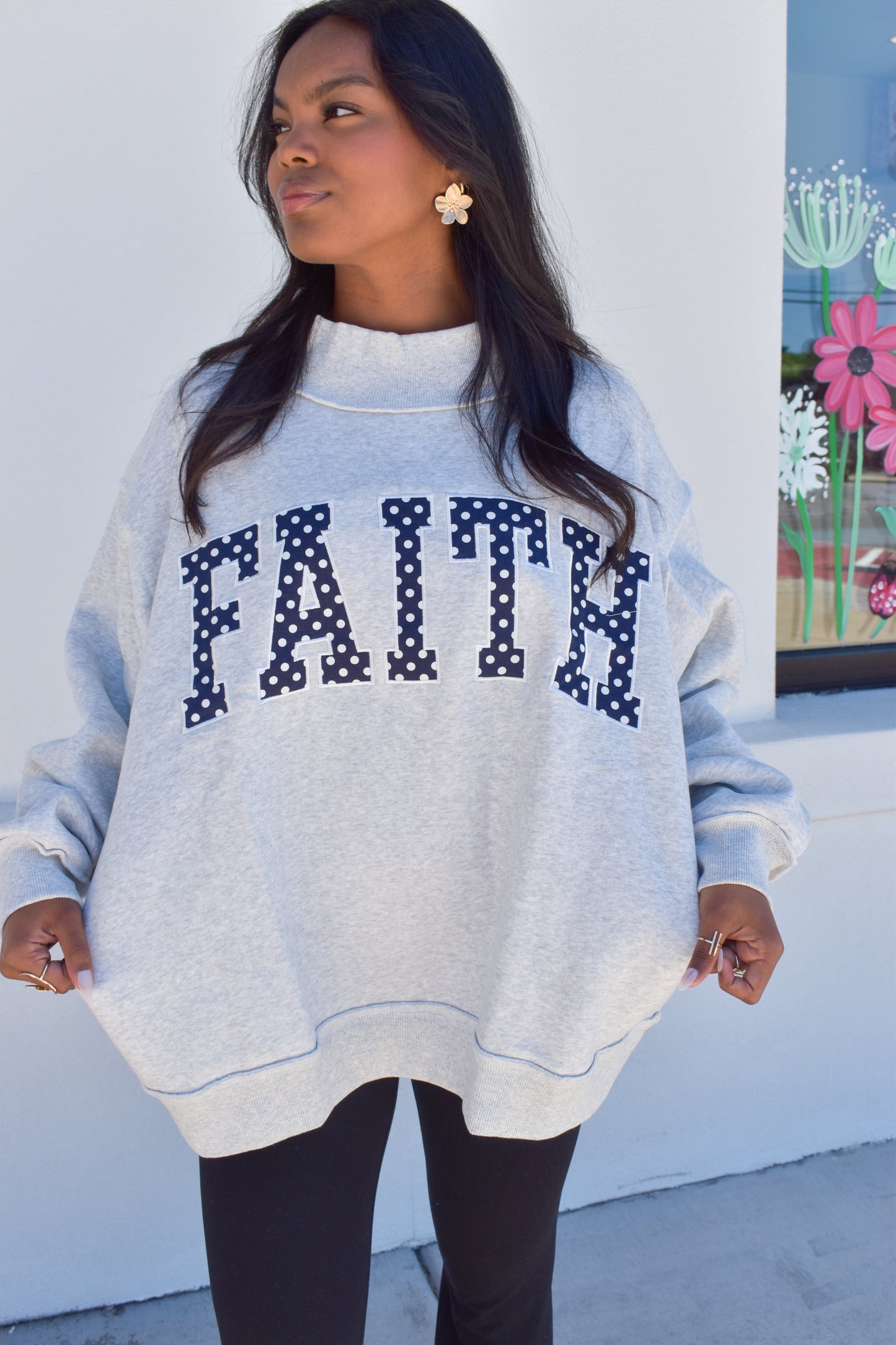 'FAITH' Embroidered Polka Dot Mockneck