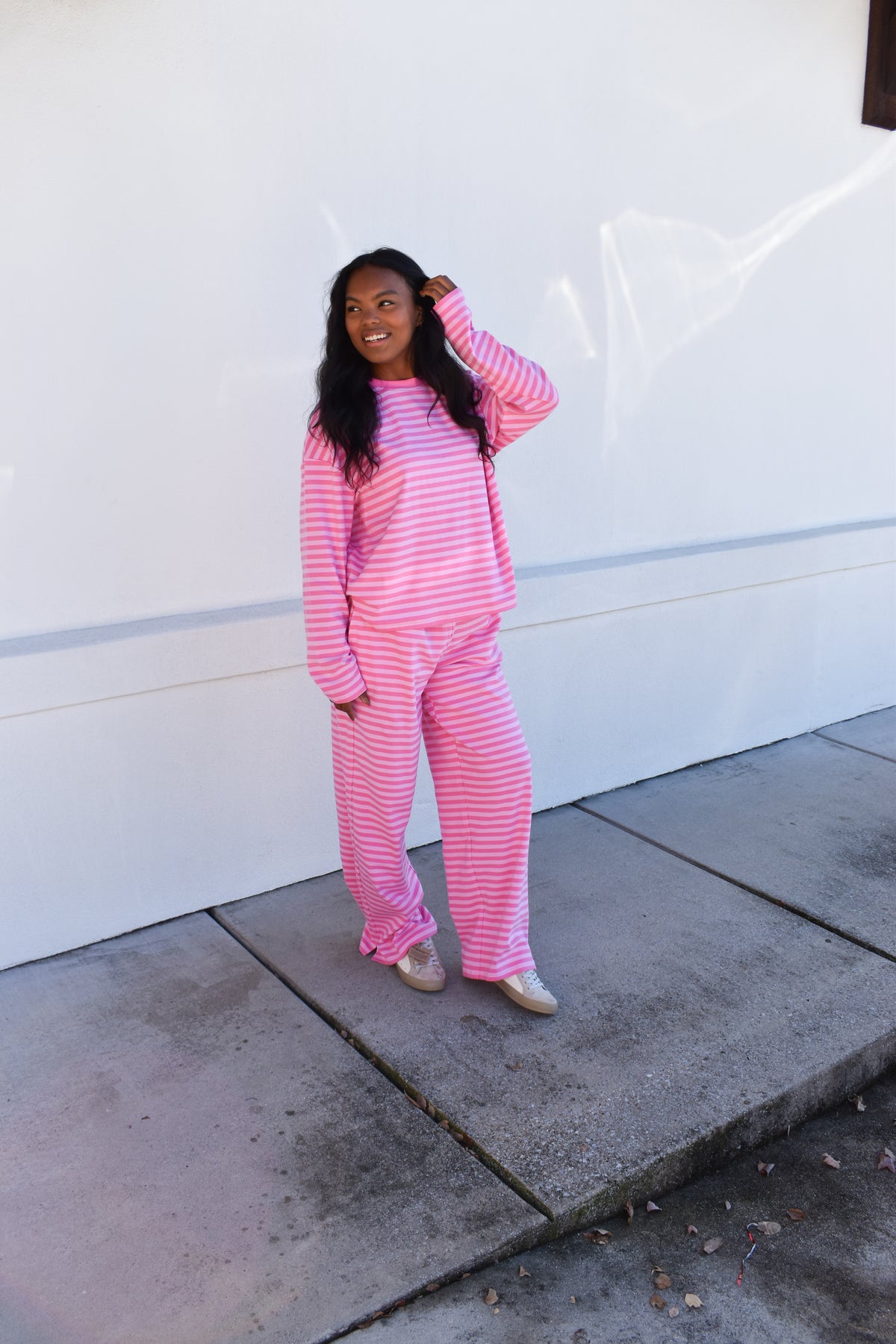 Hot Pink Striped Loungewear Long Sleeve Top