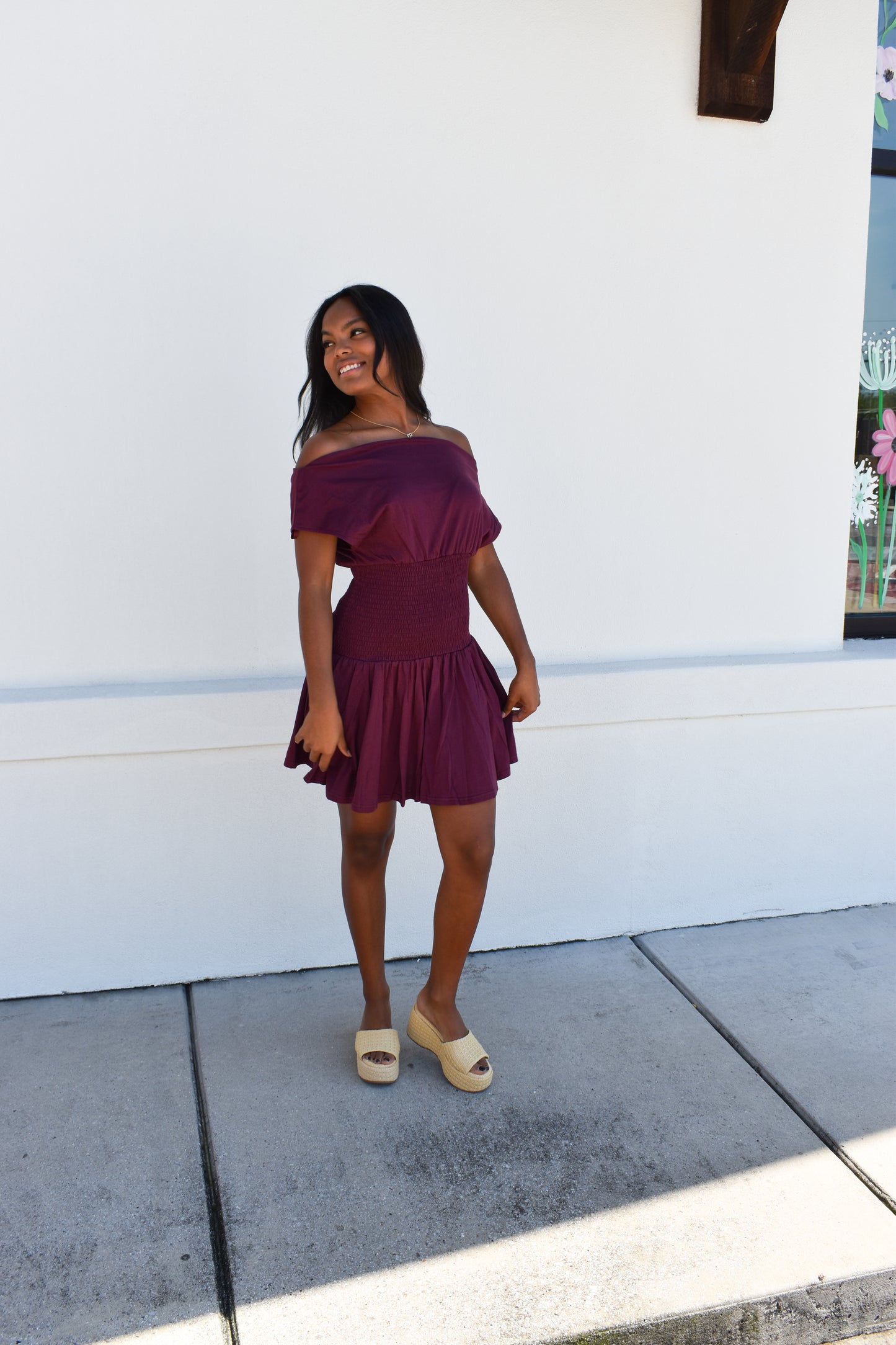 Off Shoulder Smocked Waist Dress: Wine