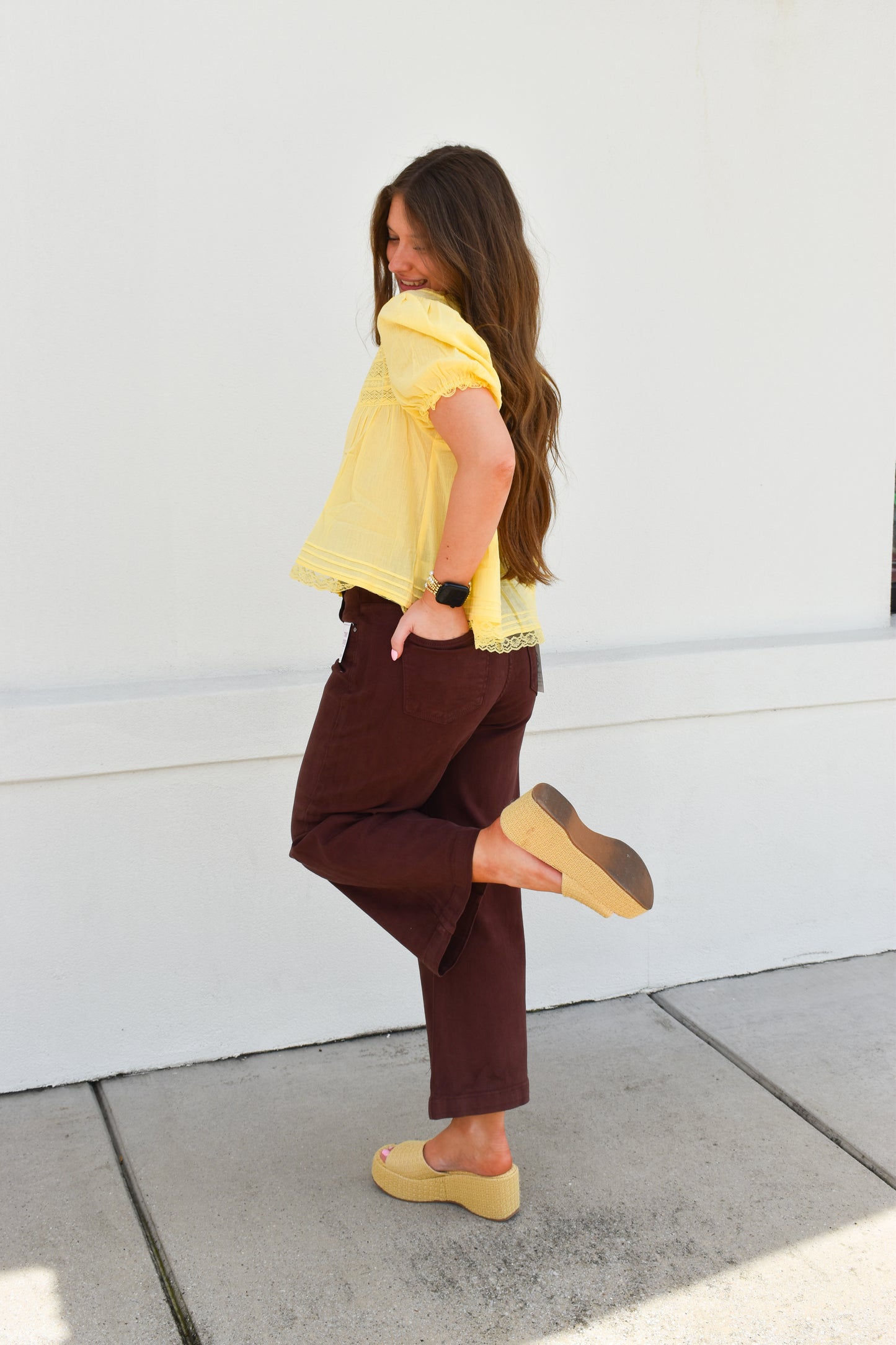 Risen Adjustable Waist High Rise Pants: Chocolate