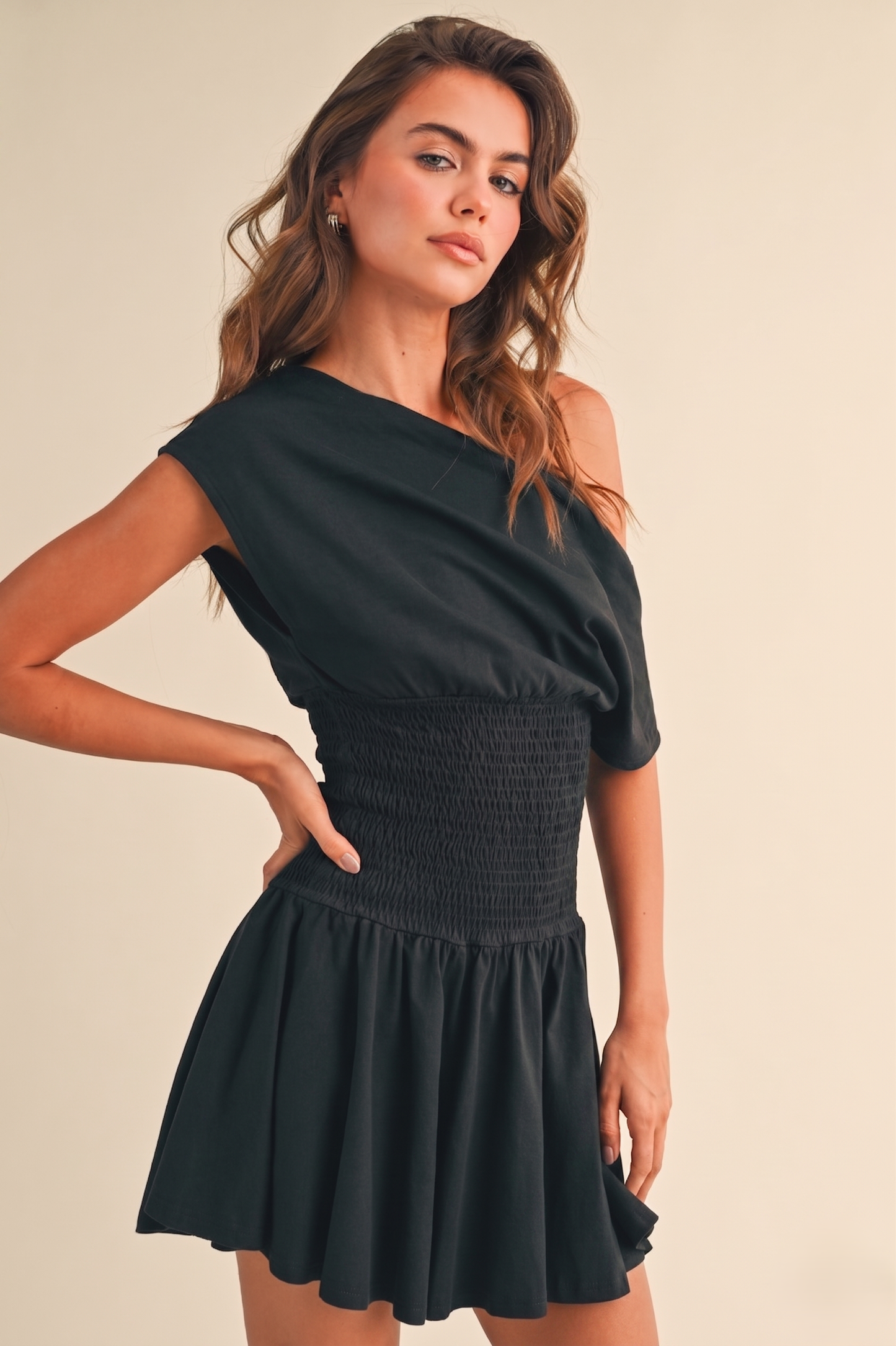 Off Shoulder Smocked Waist Dress: Black