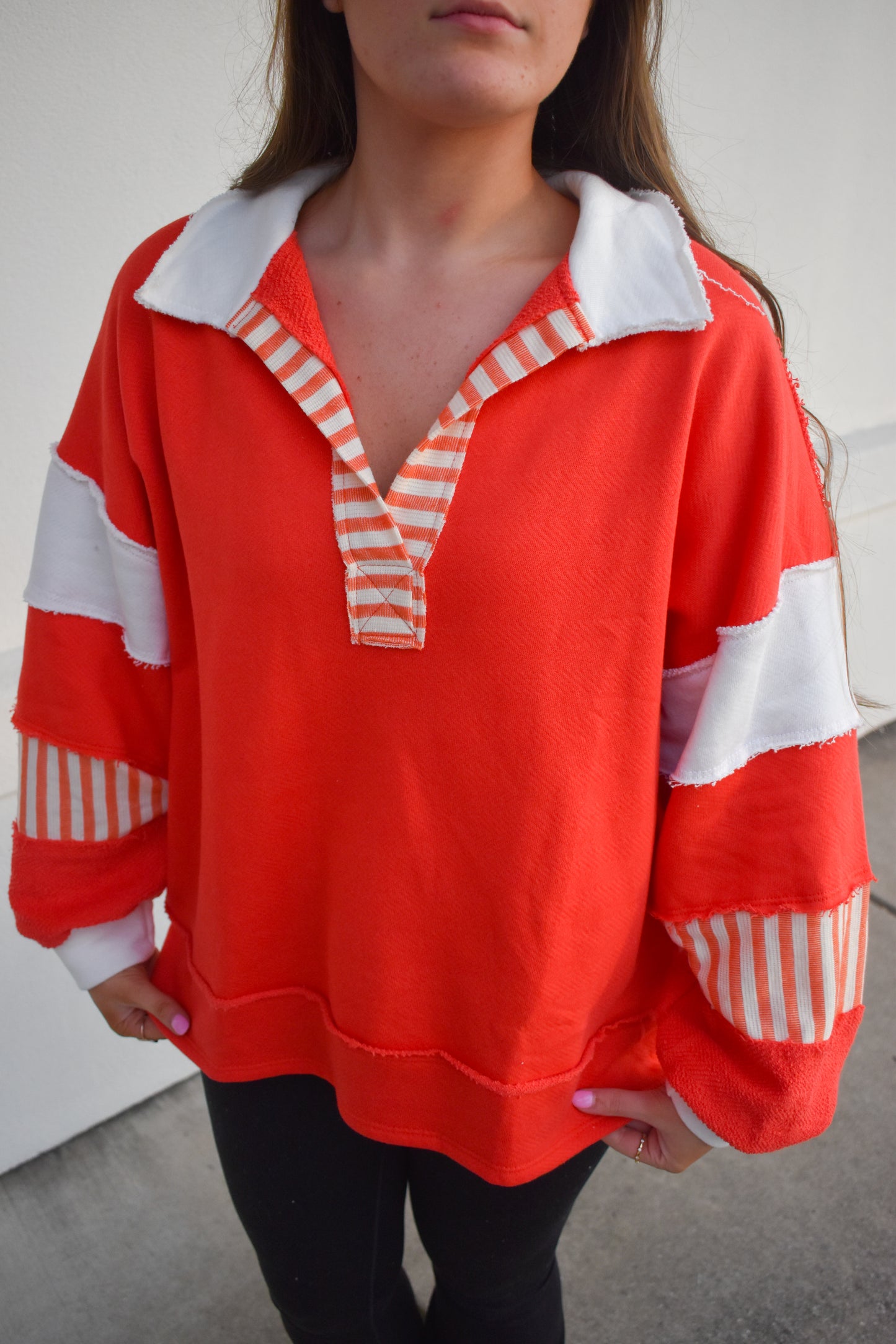 Terry Knit Collared Top: Red/Cream