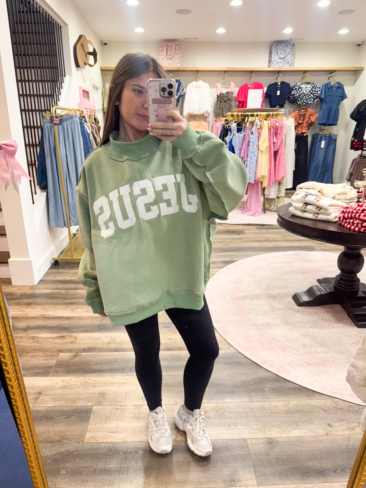 Jesus Embroidered MockNeck: Green