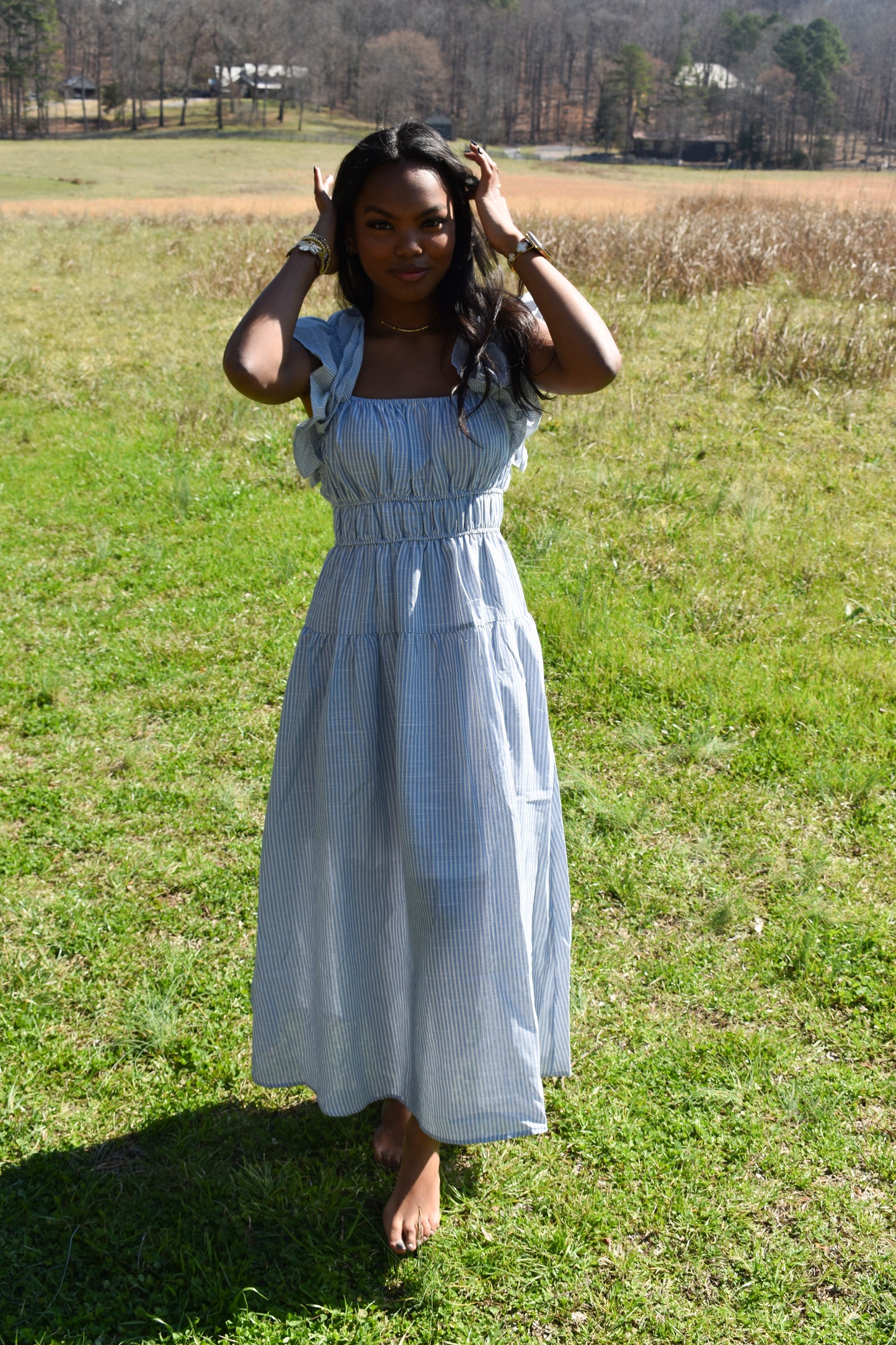 Shoulder Ruffle Stripe Midi Dress