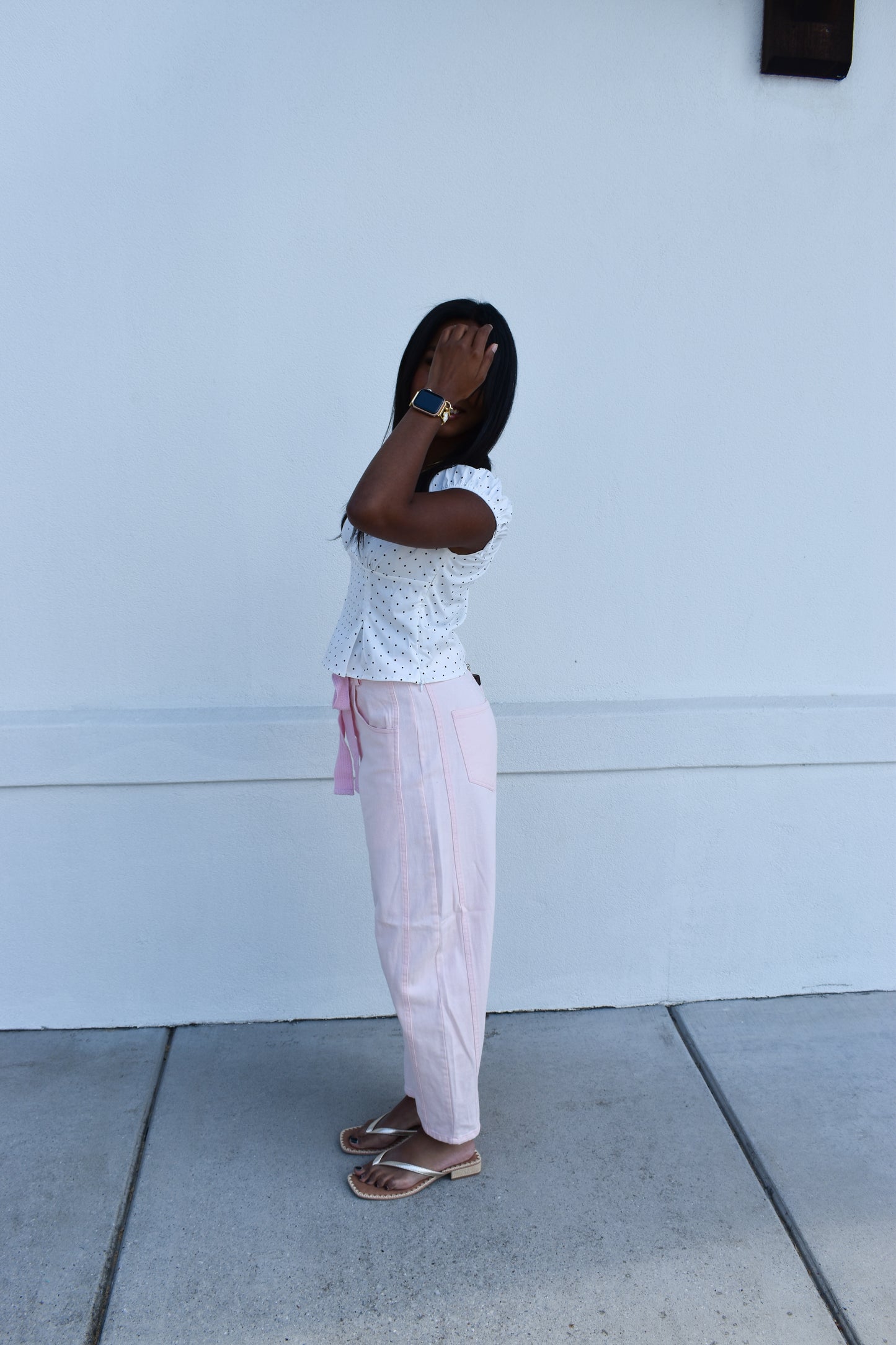 Pink Eyelet Thru Cotton Belt Barrel Jean