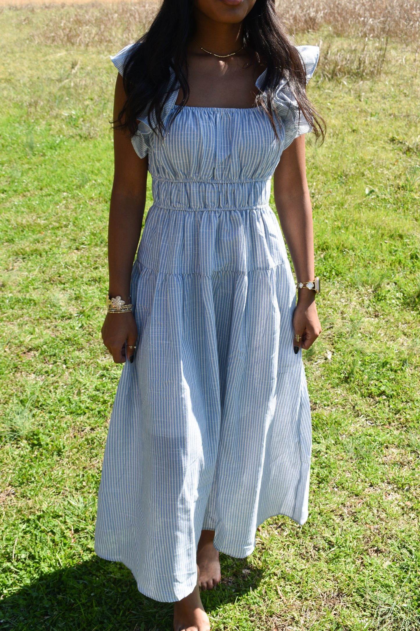 Shoulder Ruffle Stripe Midi Dress