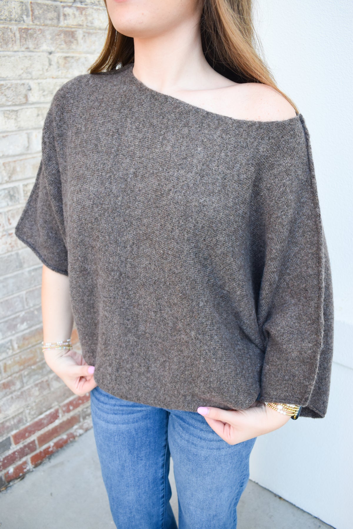 Gloria One Shoulder Knit Top: Brown