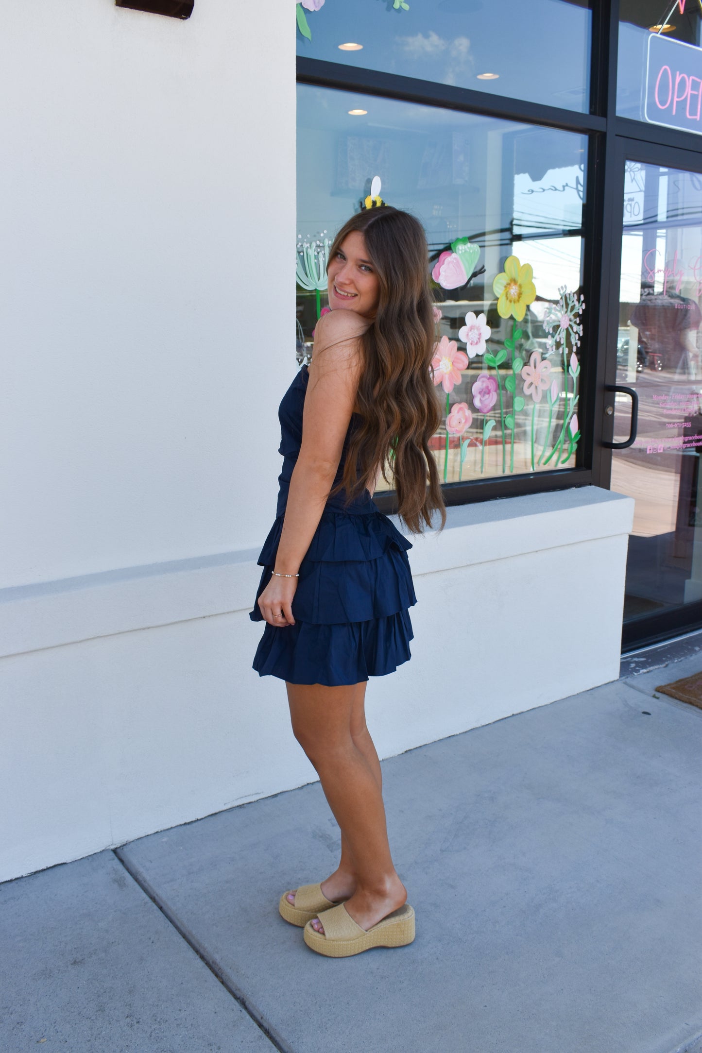 Strapless Ruffle Mini Dress: Navy