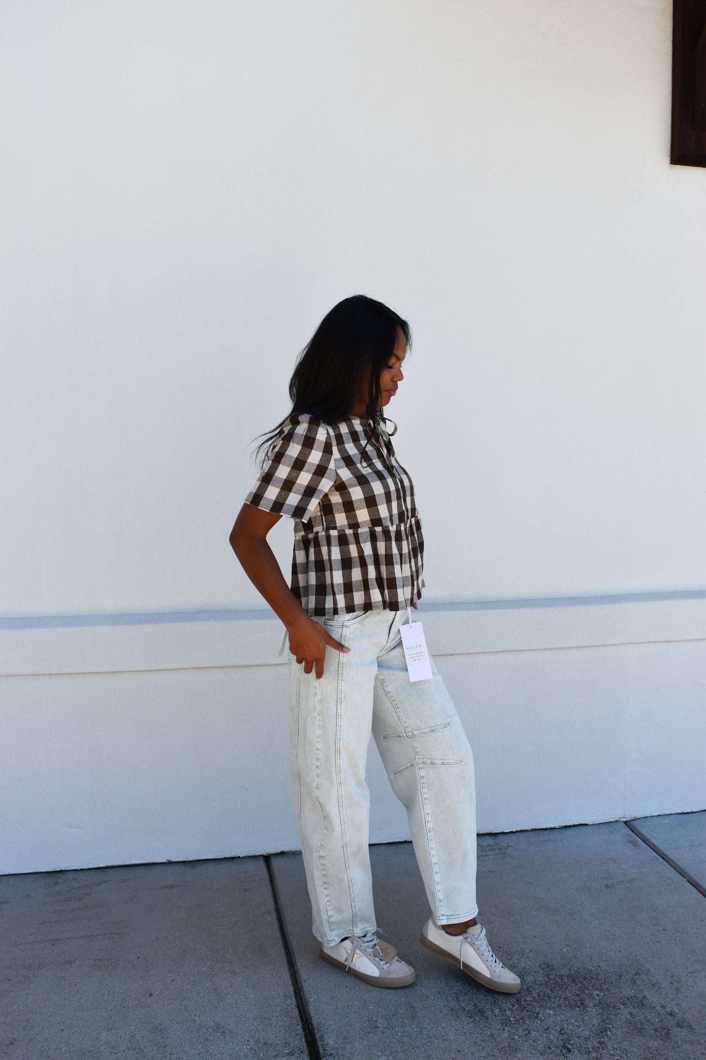 Keyhole Tie-Neck Gingham Peplum Blouse