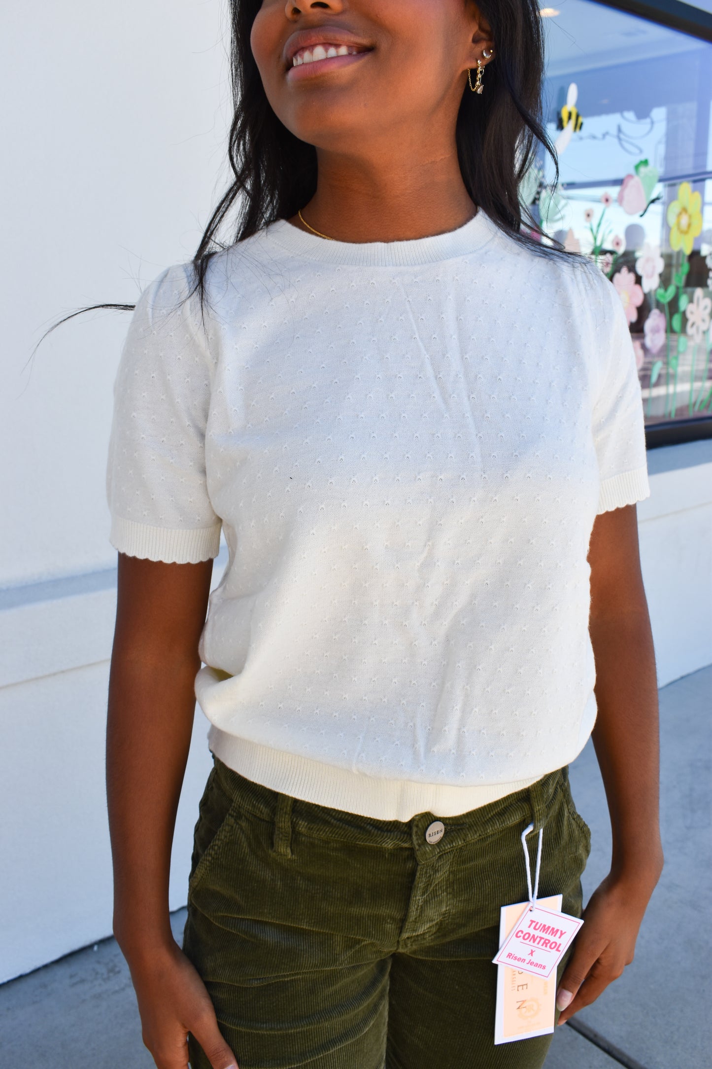 Starburst Pointelle Puff Sleeve Sweater