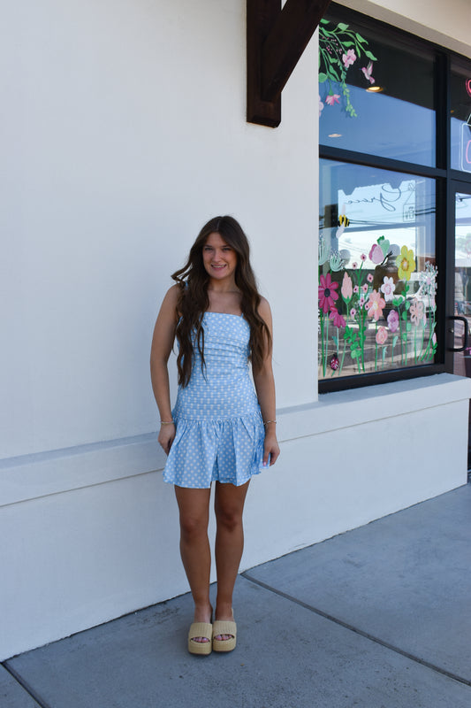 Blue Polka Dot Pleated Mini Dress