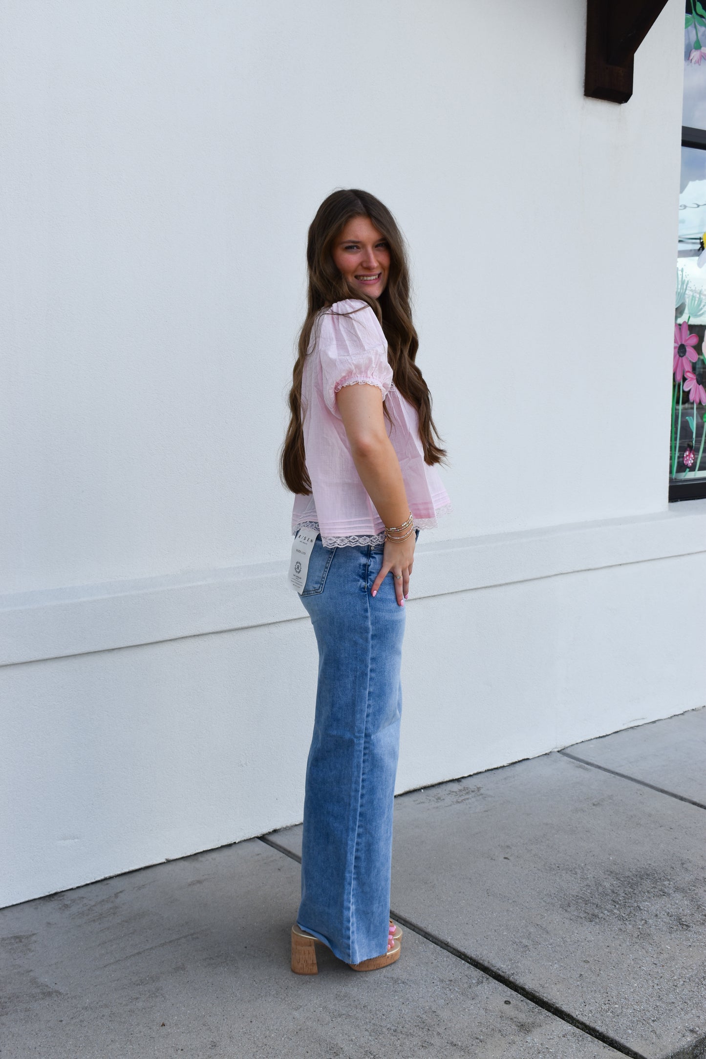 Risen Tummy Control High Rise Ankle Pallazo Jeans: Light Wash