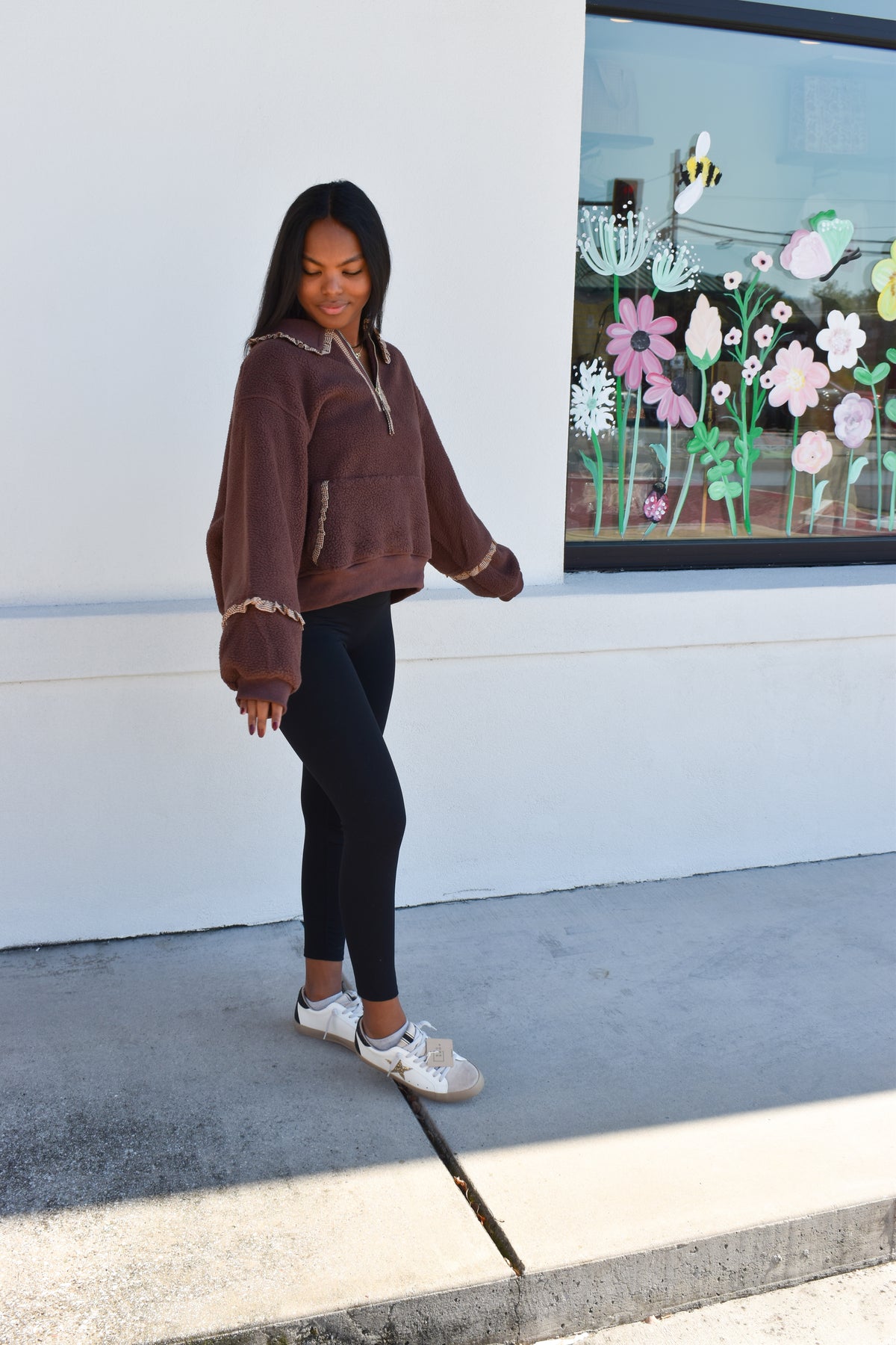 Gingham Fleece Collared Pullover: Brown