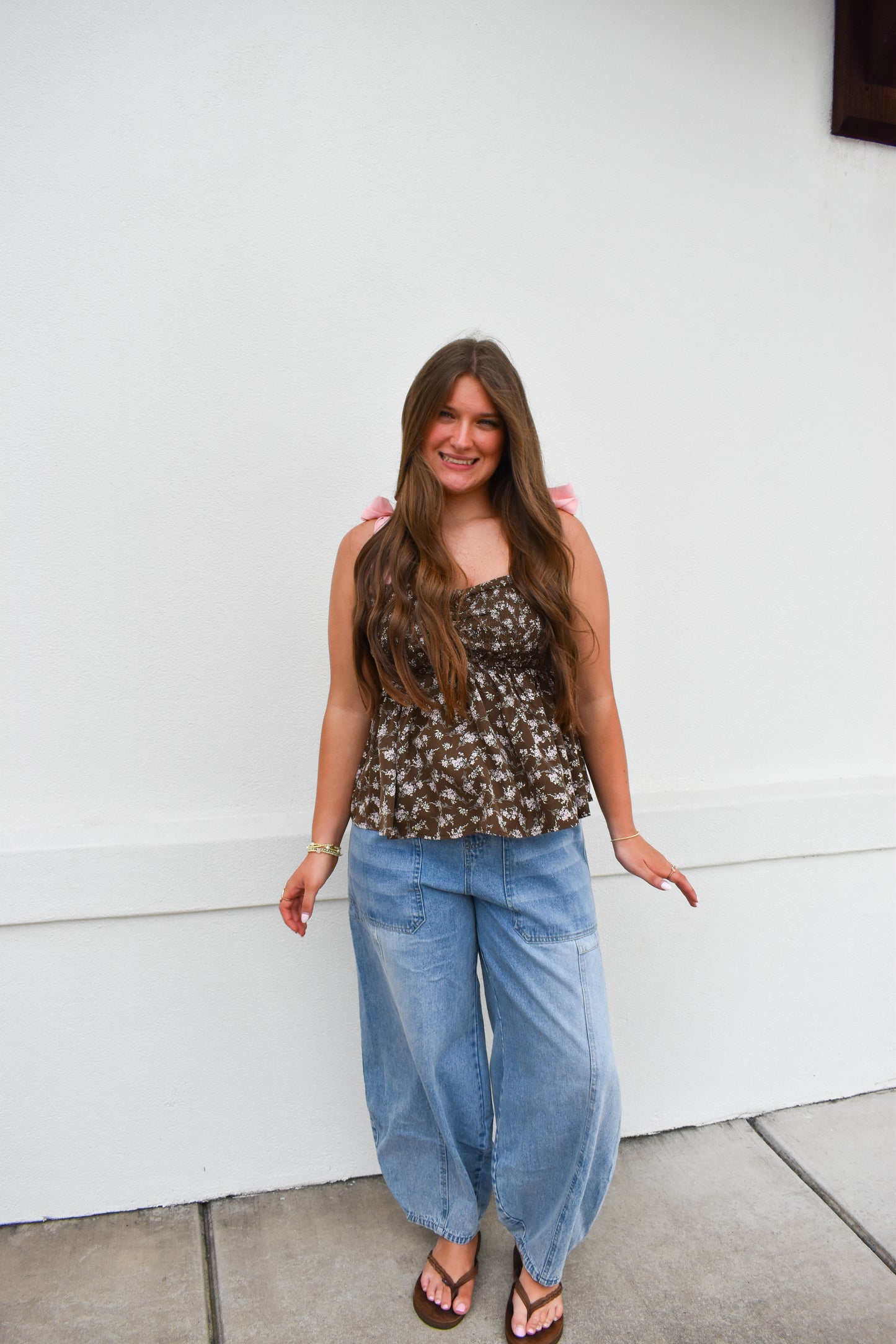 Romantic Floral Top w/ Pink Bow Straps