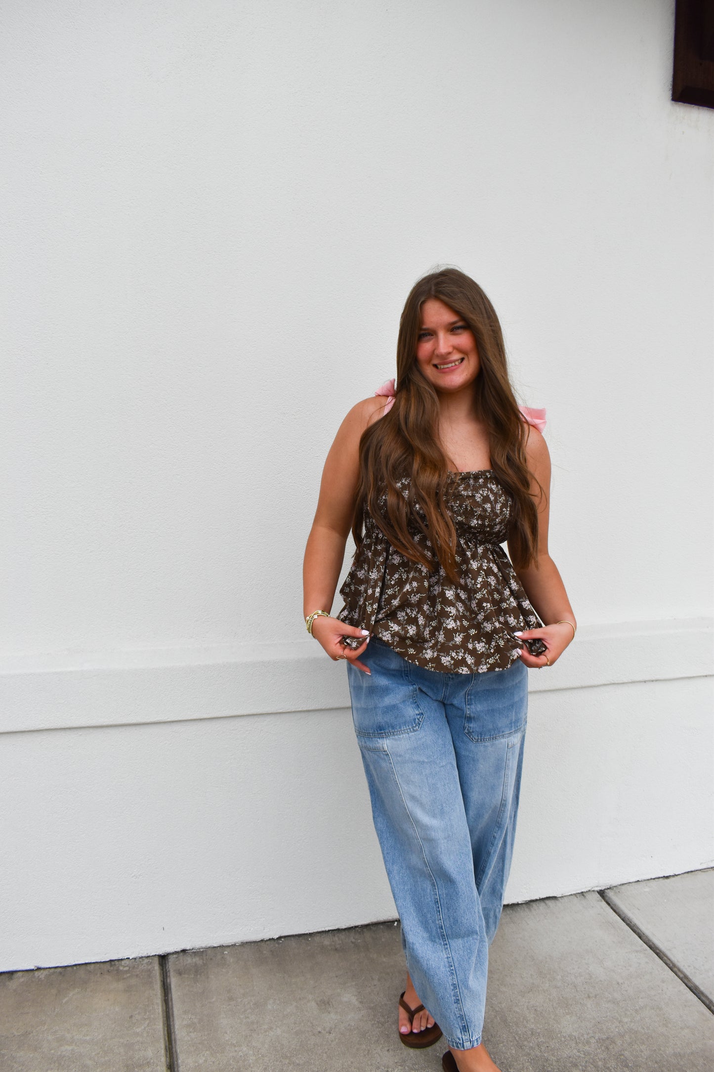 Romantic Floral Top w/ Pink Bow Straps