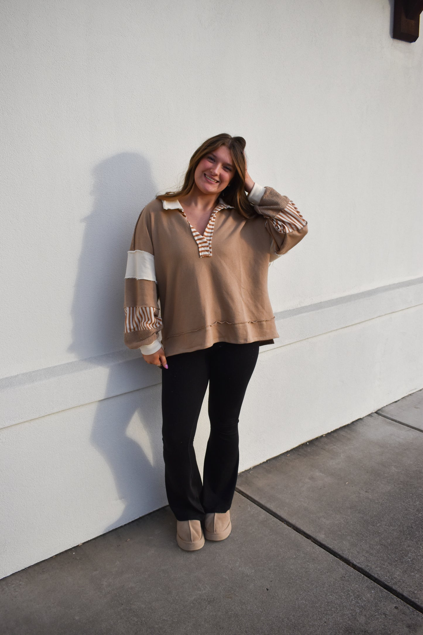 Terry Knit Collared Top: Brown/Cream