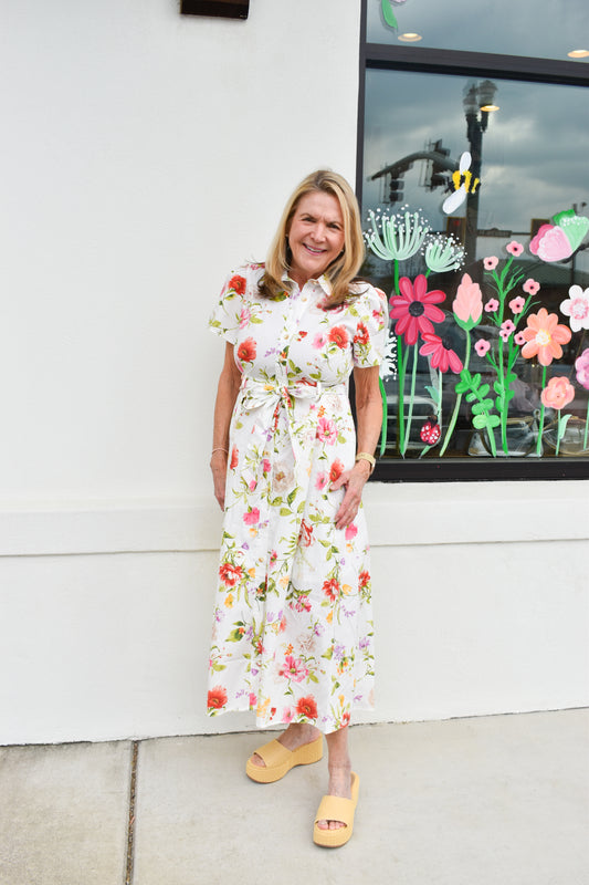 Floral Short Sleeve Belted Midi Dress