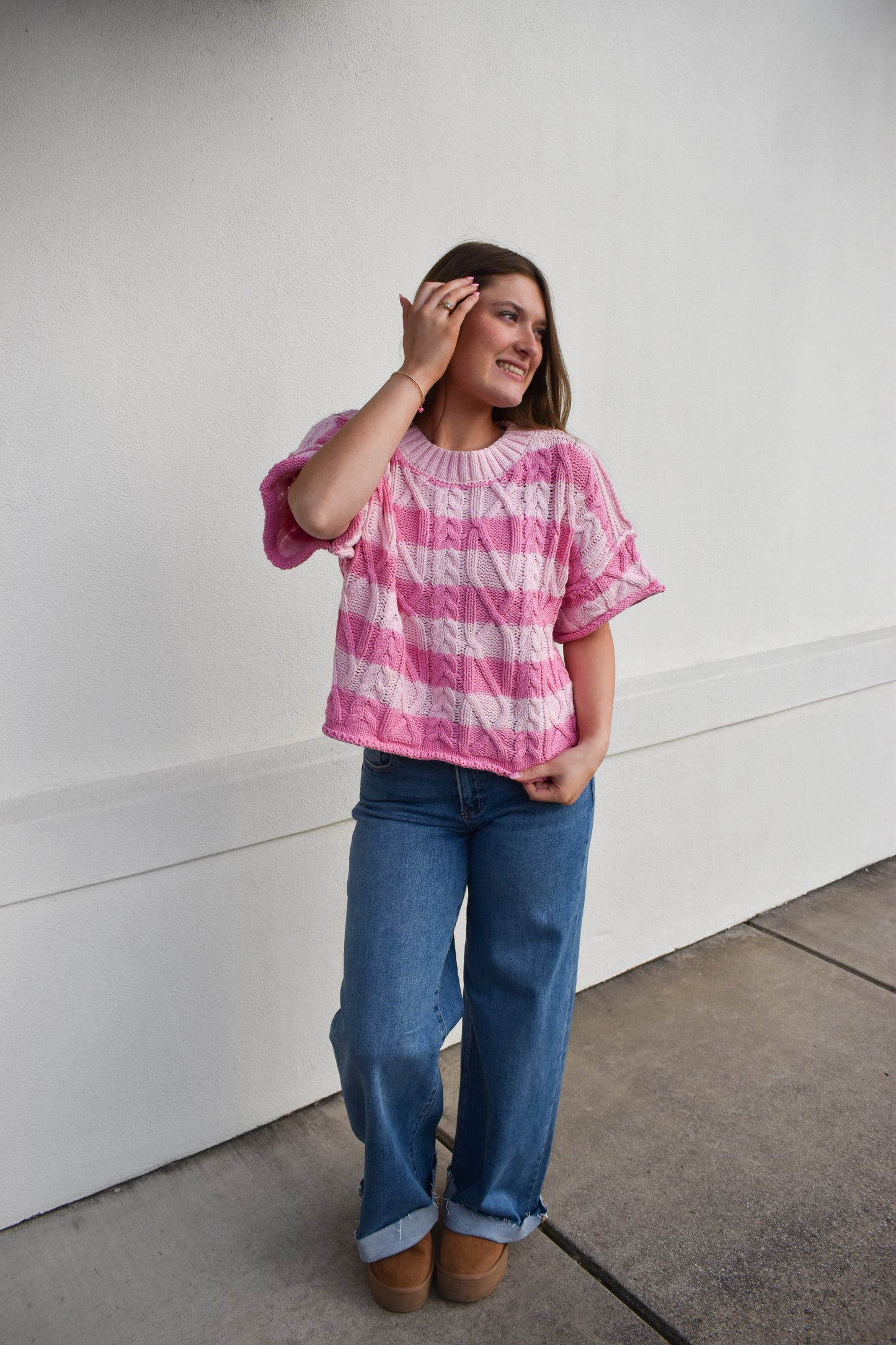 Pink Stripe Round Neck Knit Sweater Top