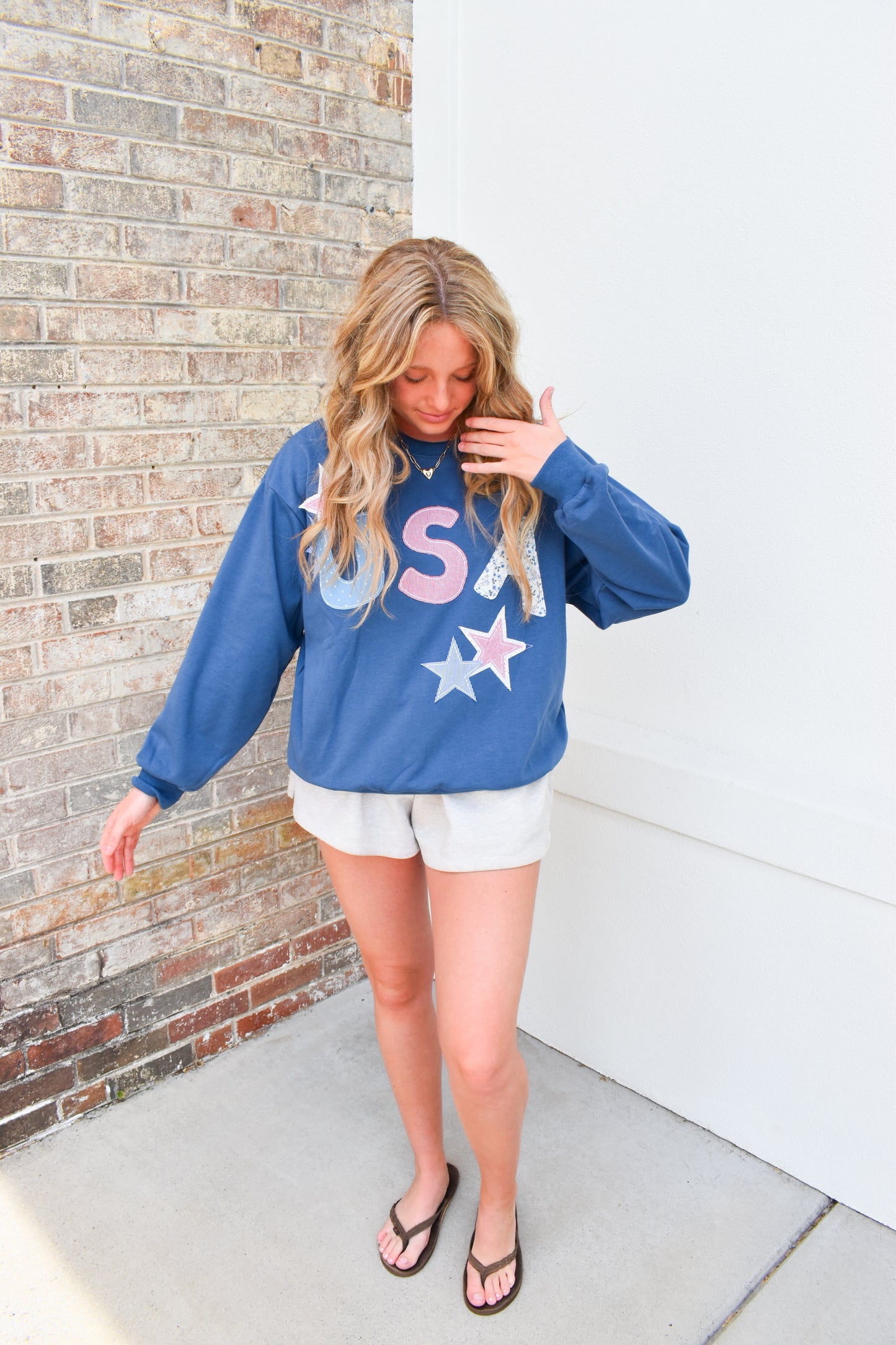 USA Patchwork Pattern Crewneck: Blue
