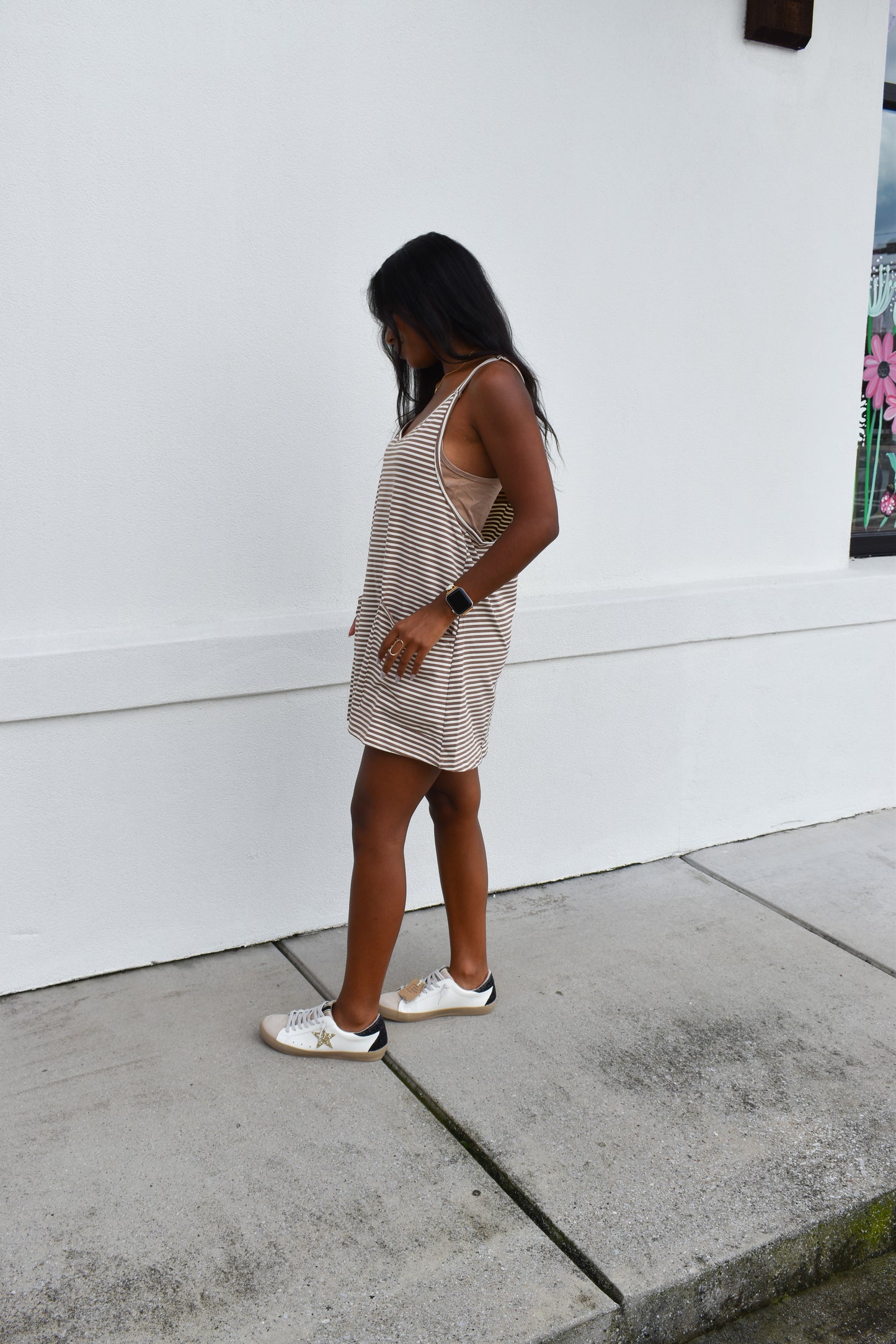 Striped Romper Dress W/ Built In Romper: Brown