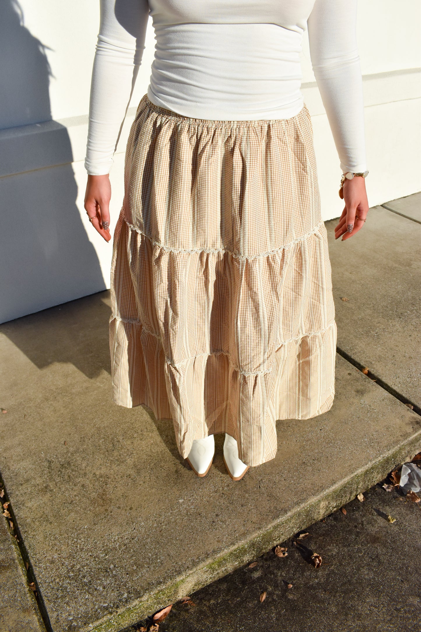 Lace Trim Gingham Maxi Skirt