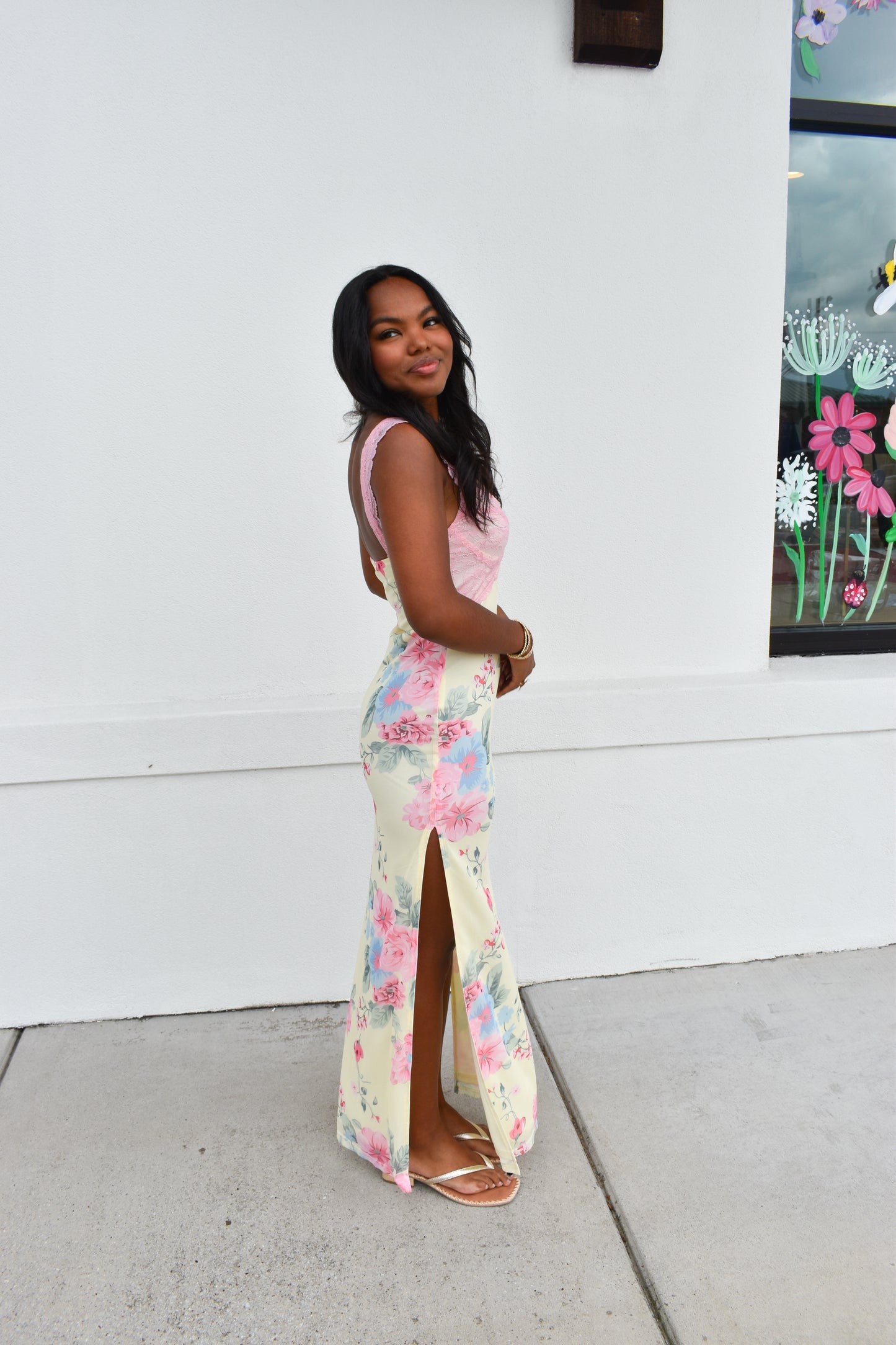 Mesh Floral Print Lace Detail Side Slit Maxi Dress