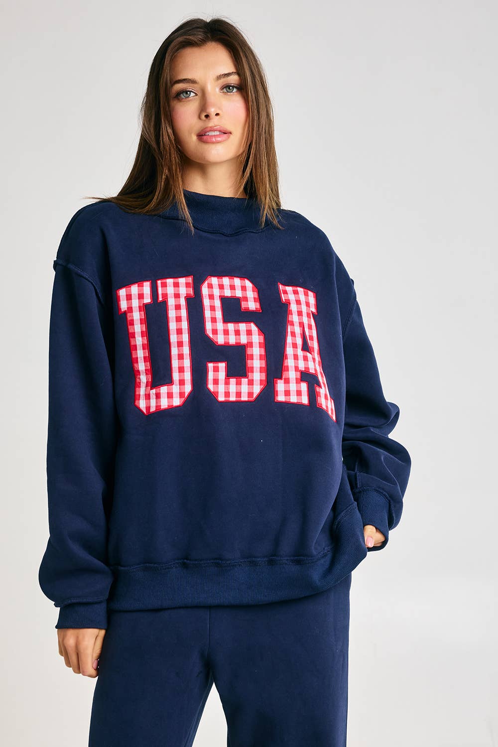 Gingham Embroidery "USA" Mock Neck Sweatshirt
