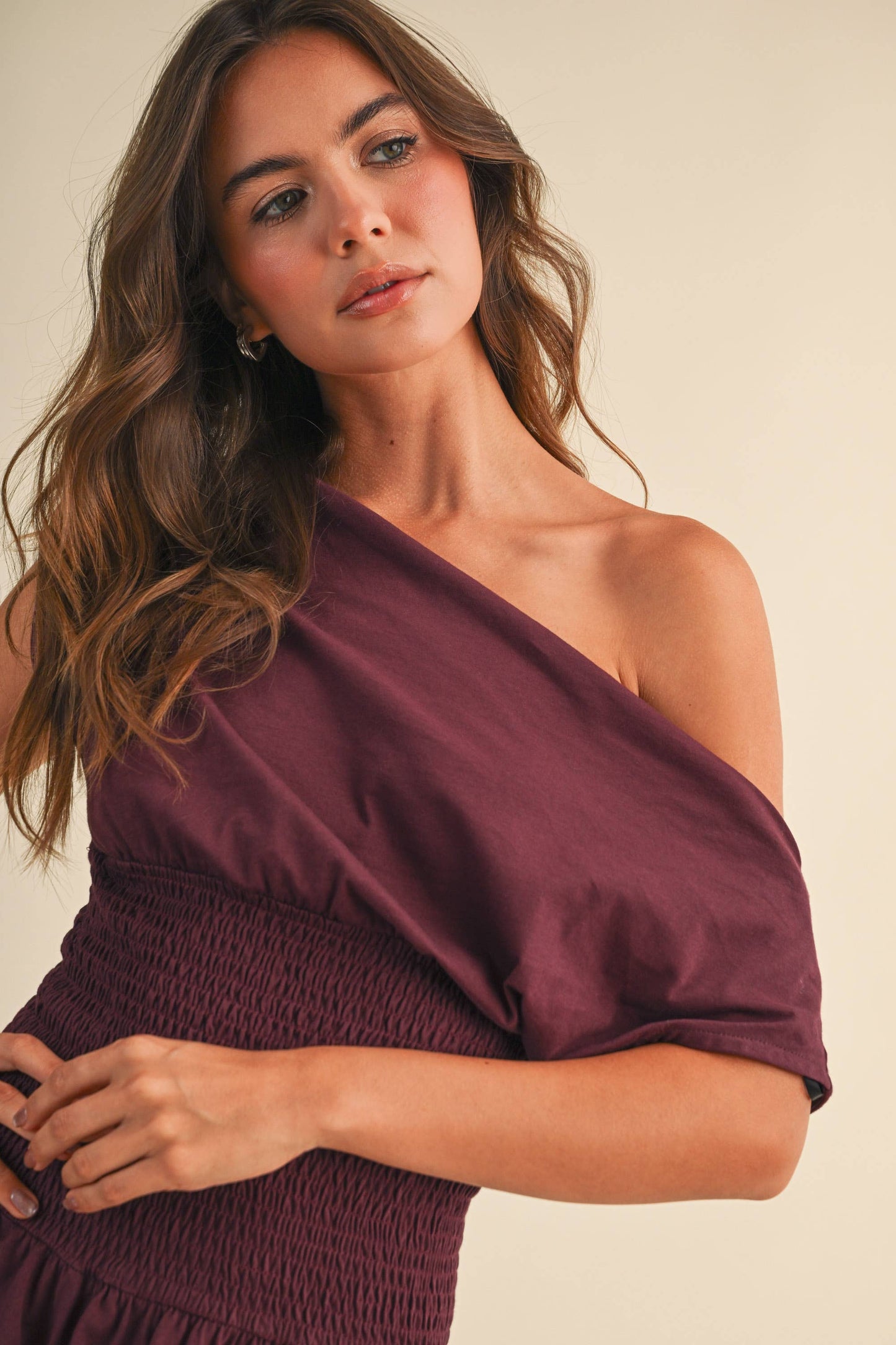 Off Shoulder Smocked Waist Dress: Wine
