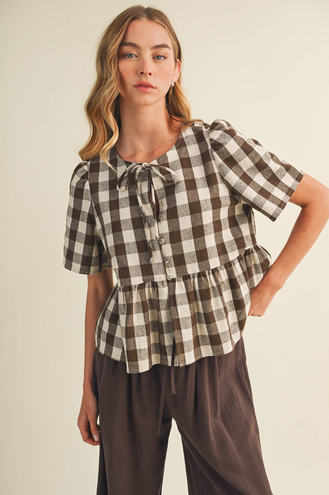 Keyhole Tie-Neck Gingham Peplum Blouse