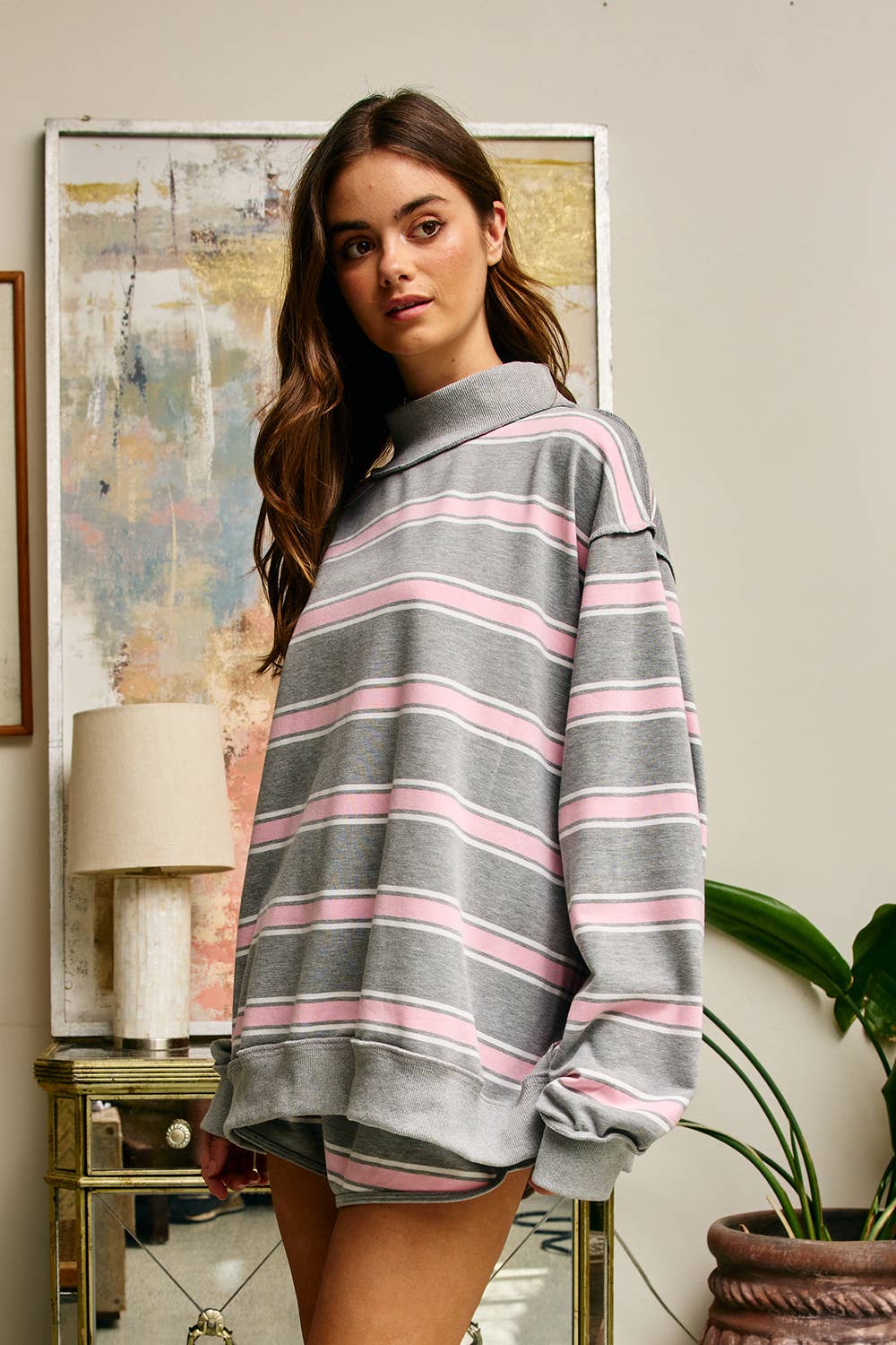 Stripe Print Mock Neck Oversized Sweatshirt