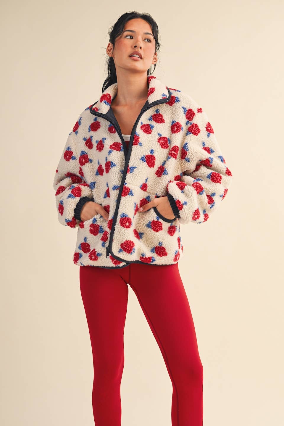 Cozy Oversized Rose Pattern Fleece Zip Up Jacket