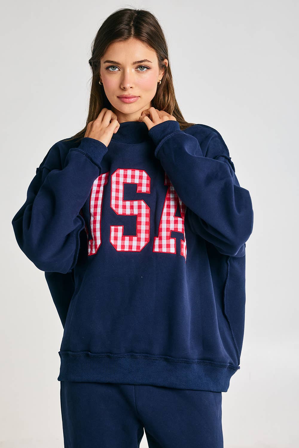 Gingham Embroidery "USA" Mock Neck Sweatshirt