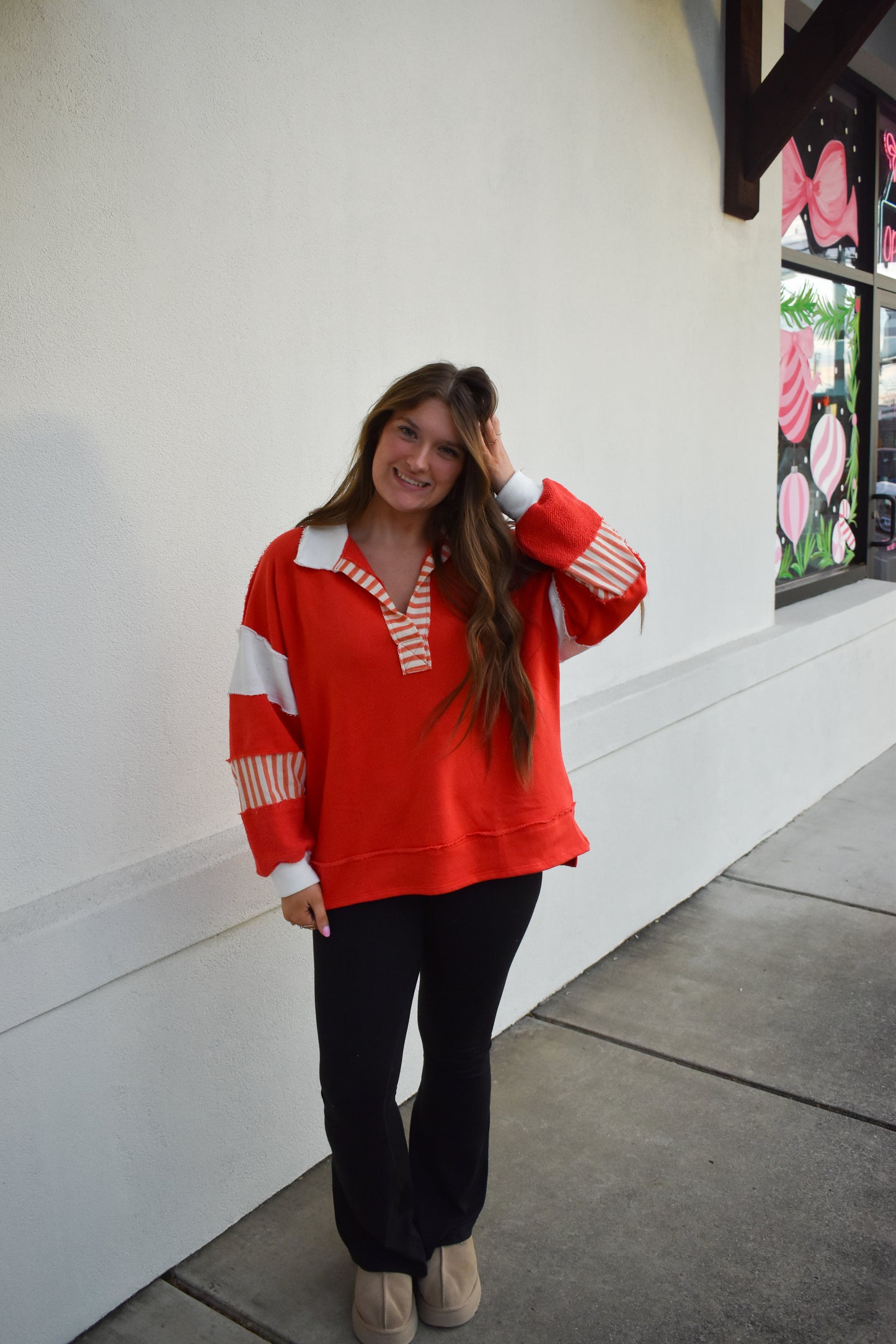 Terry Knit Collared Top: Red/Cream