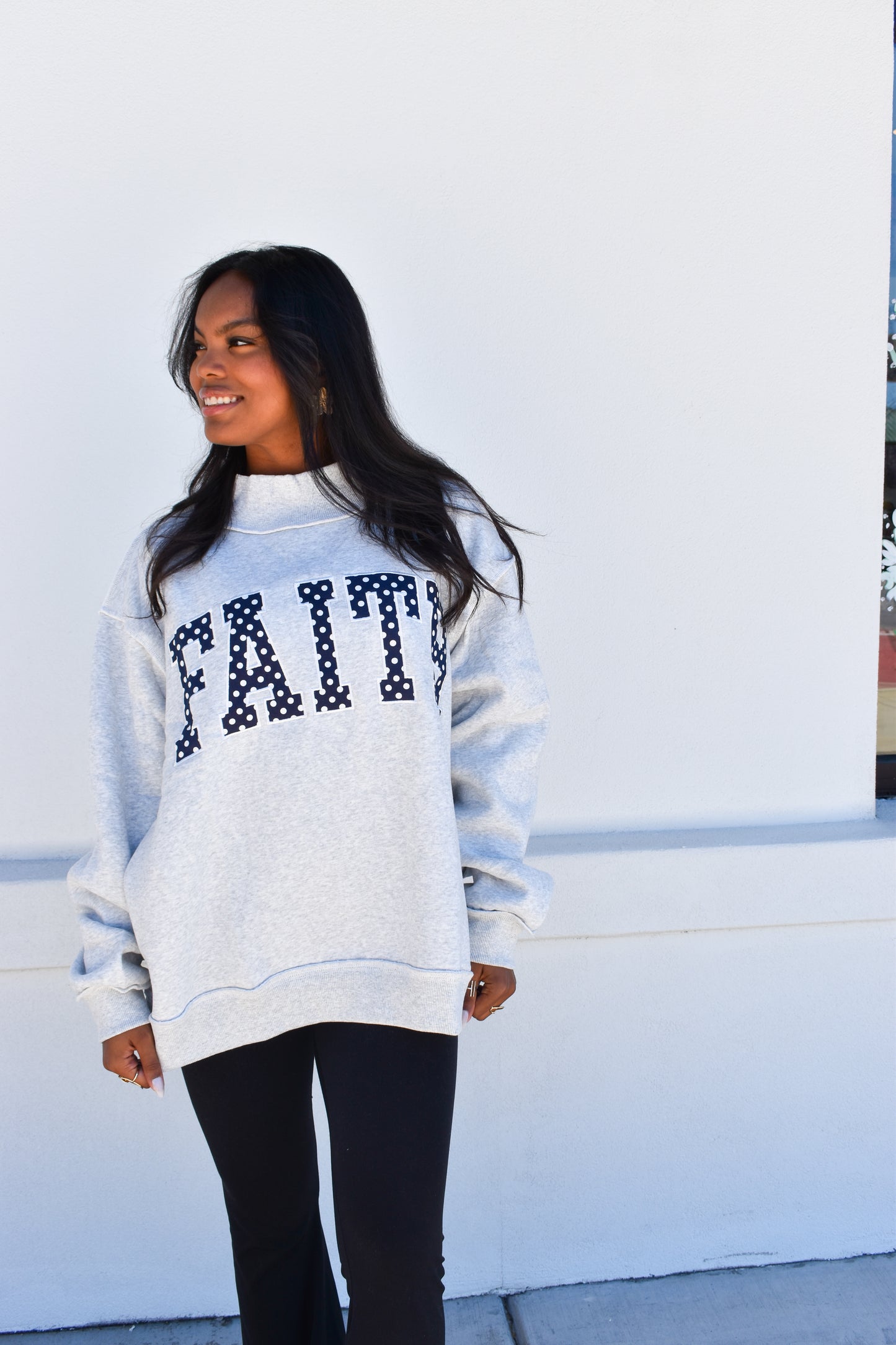 'FAITH' Embroidered Polka Dot Mockneck