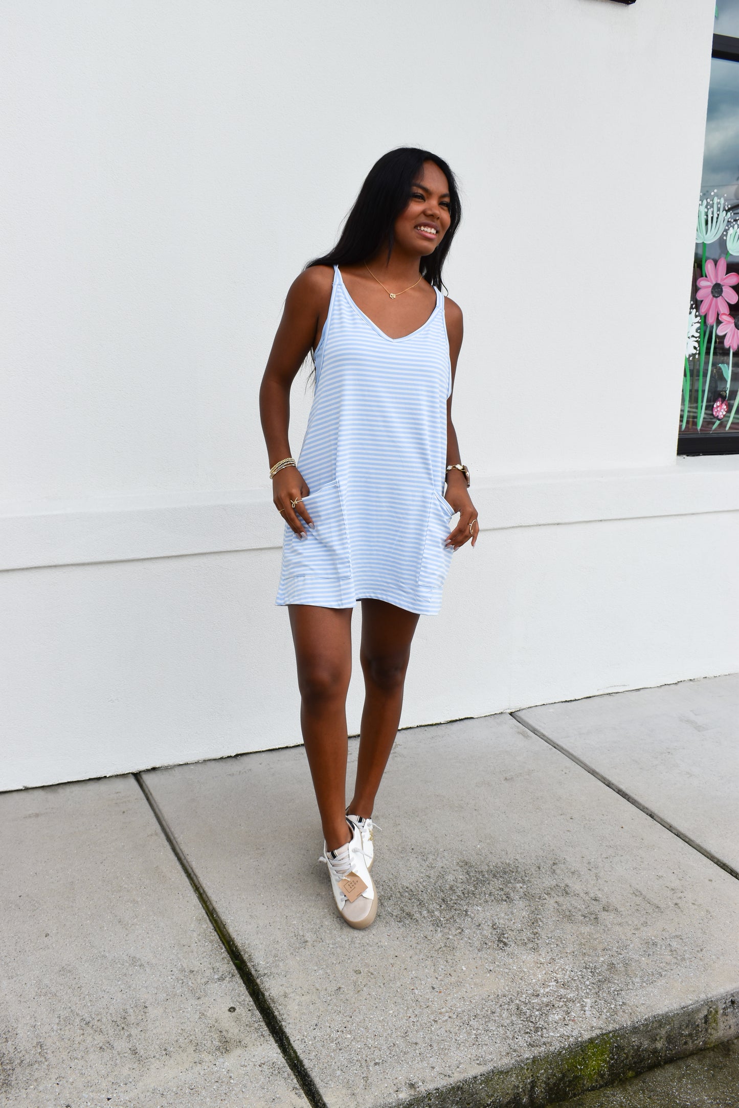 Striped Romper Dress W/ Built In Romper: Blue