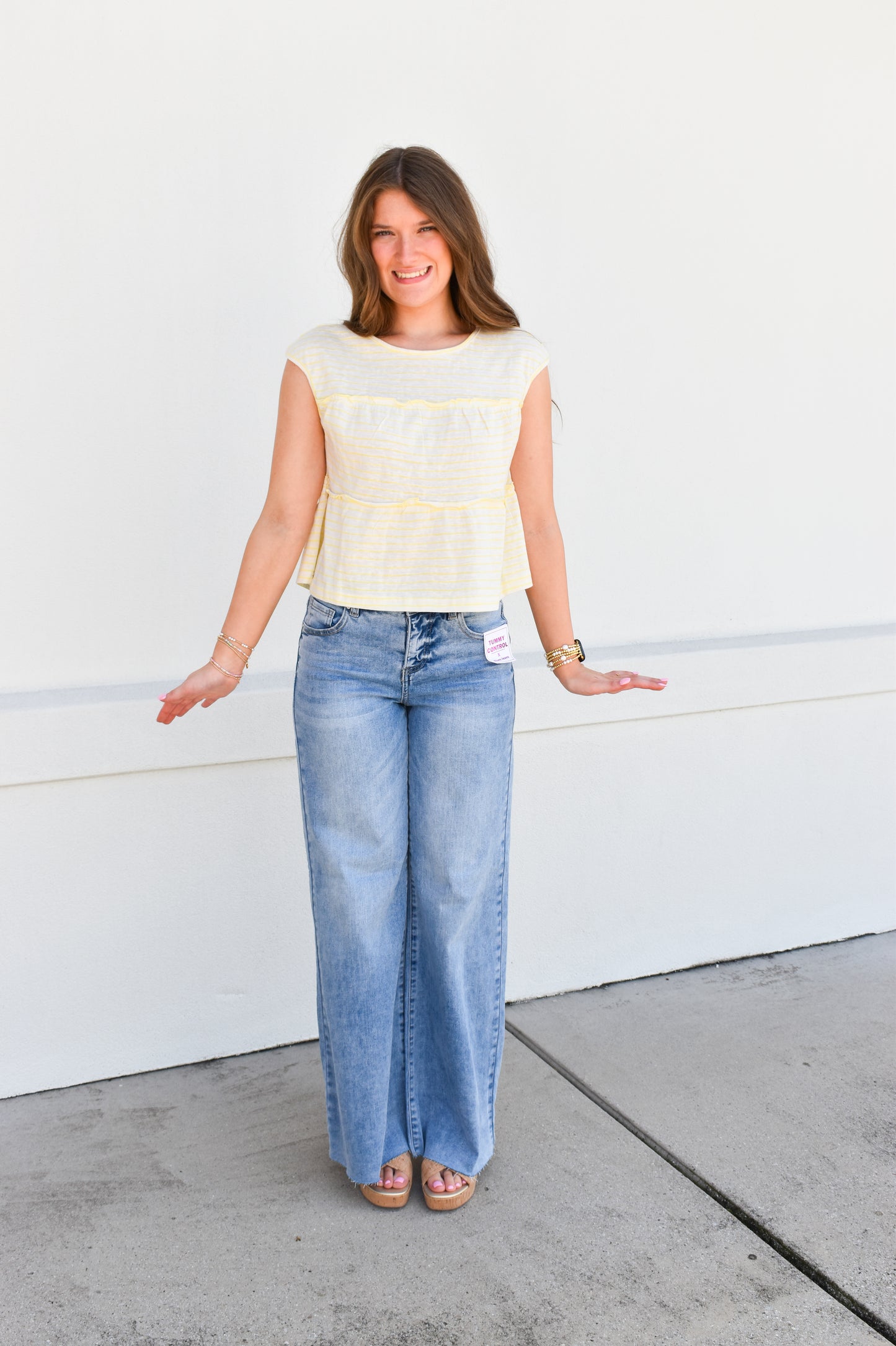 Risen Tummy Control High Rise Ankle Pallazo Jeans: Light Wash