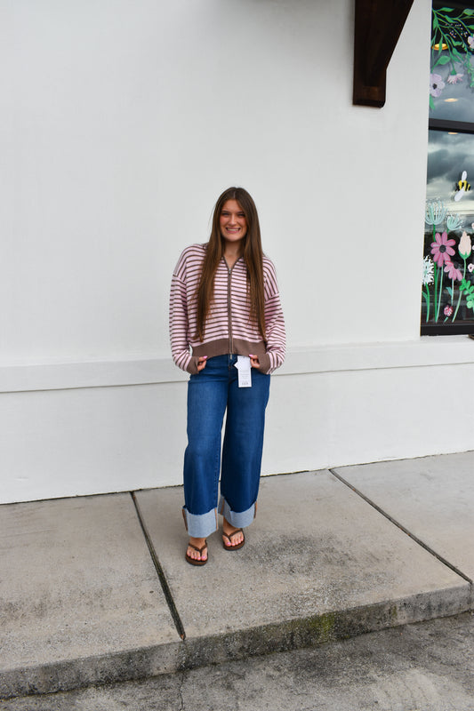 Pink/Brown Stripe Double Zip Hoodie