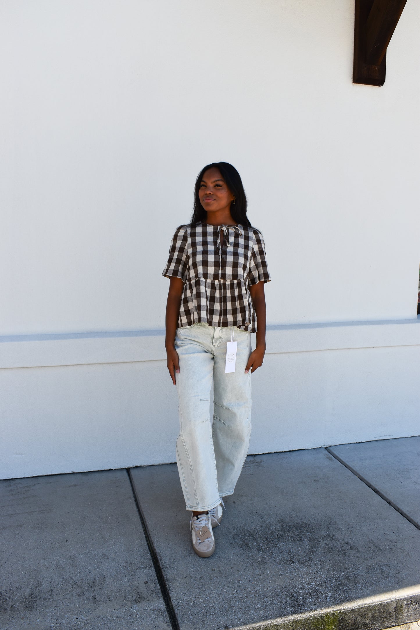 Keyhole Tie-Neck Gingham Peplum Blouse