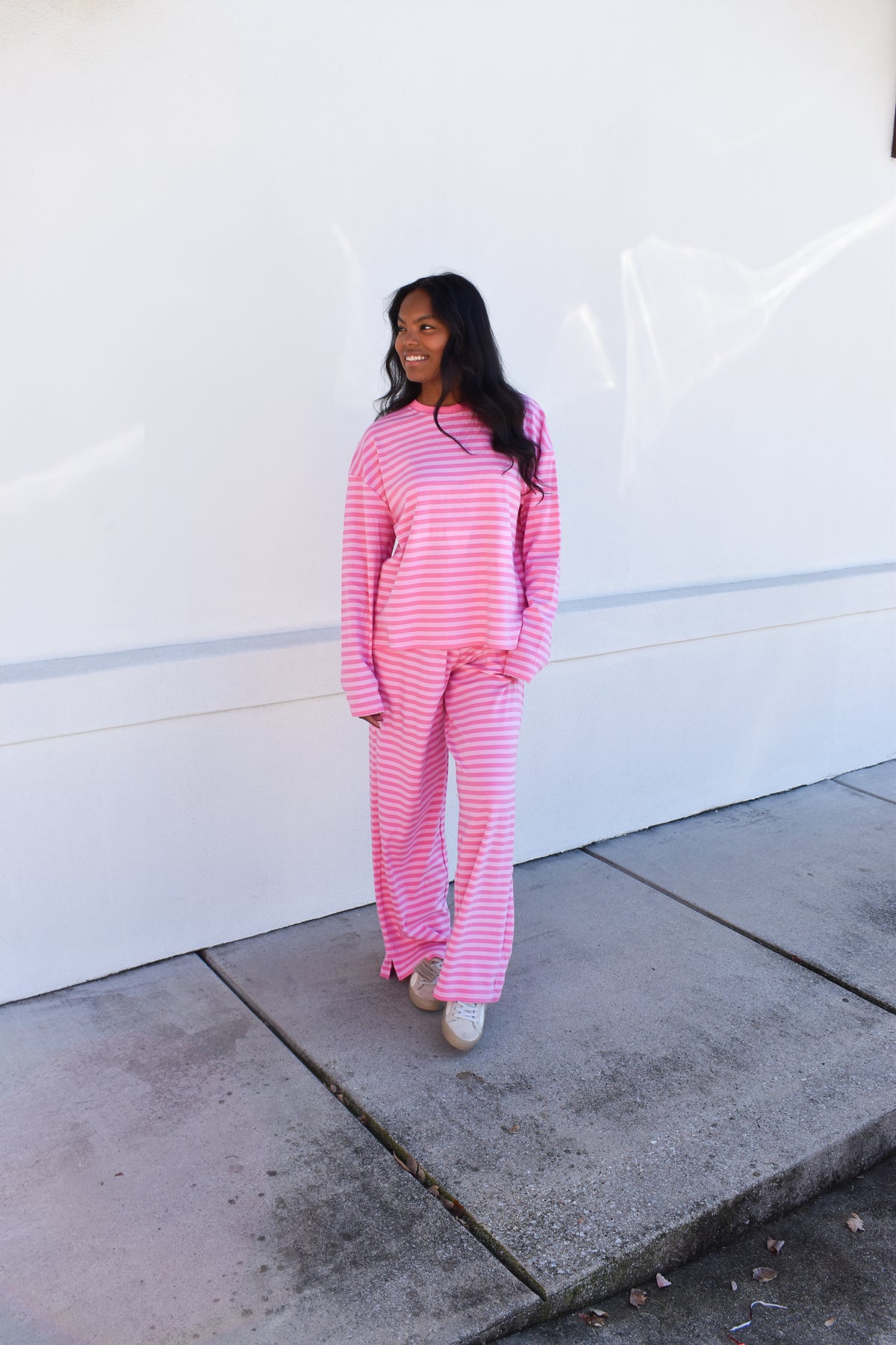 Hot Pink Striped Loungewear Long Sleeve Top