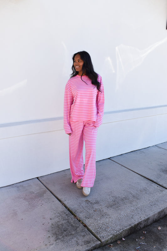 Hot Pink Striped Loungewear Long Sleeve Top