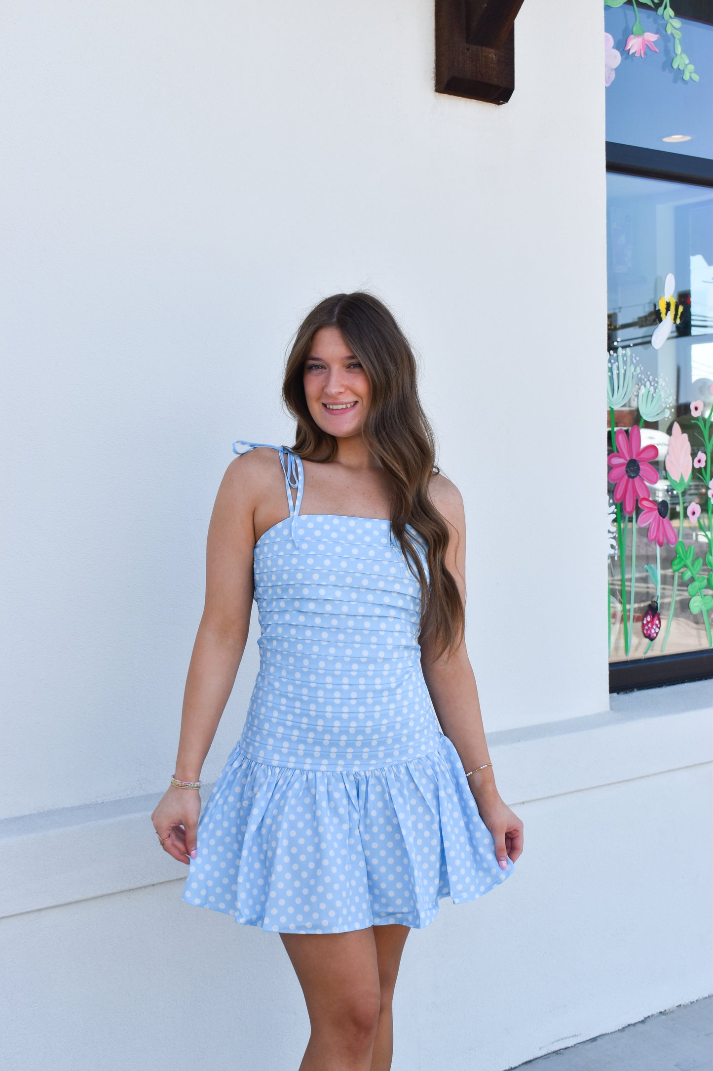 Blue Polka Dot Pleated Mini Dress