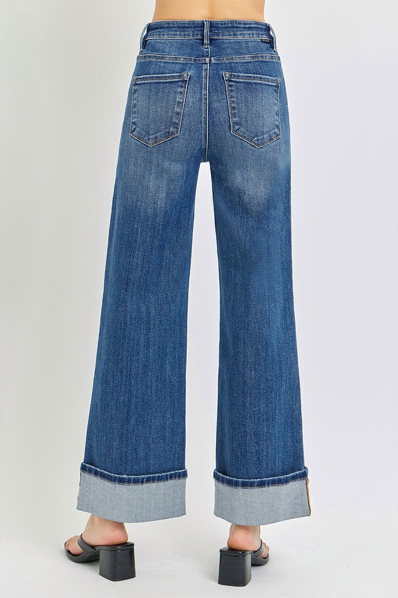 Tummy Control High Rise Ankle Wide Cuffed Jeans: Dark