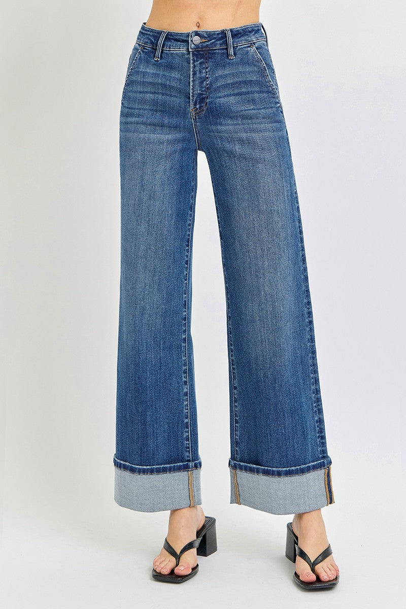Tummy Control High Rise Ankle Wide Cuffed Jeans: Dark