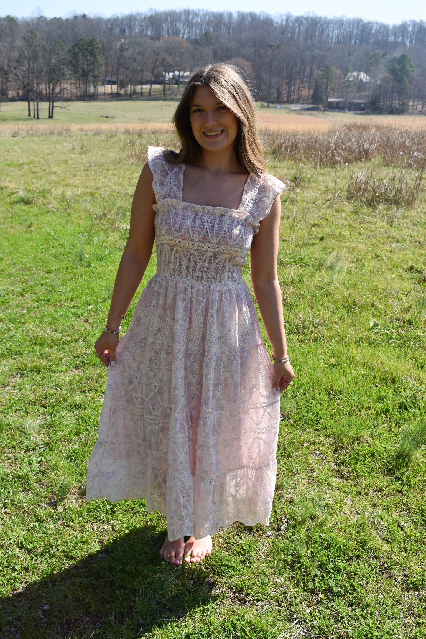 Whimsical Lace Flutter Sleeve Midi Dress